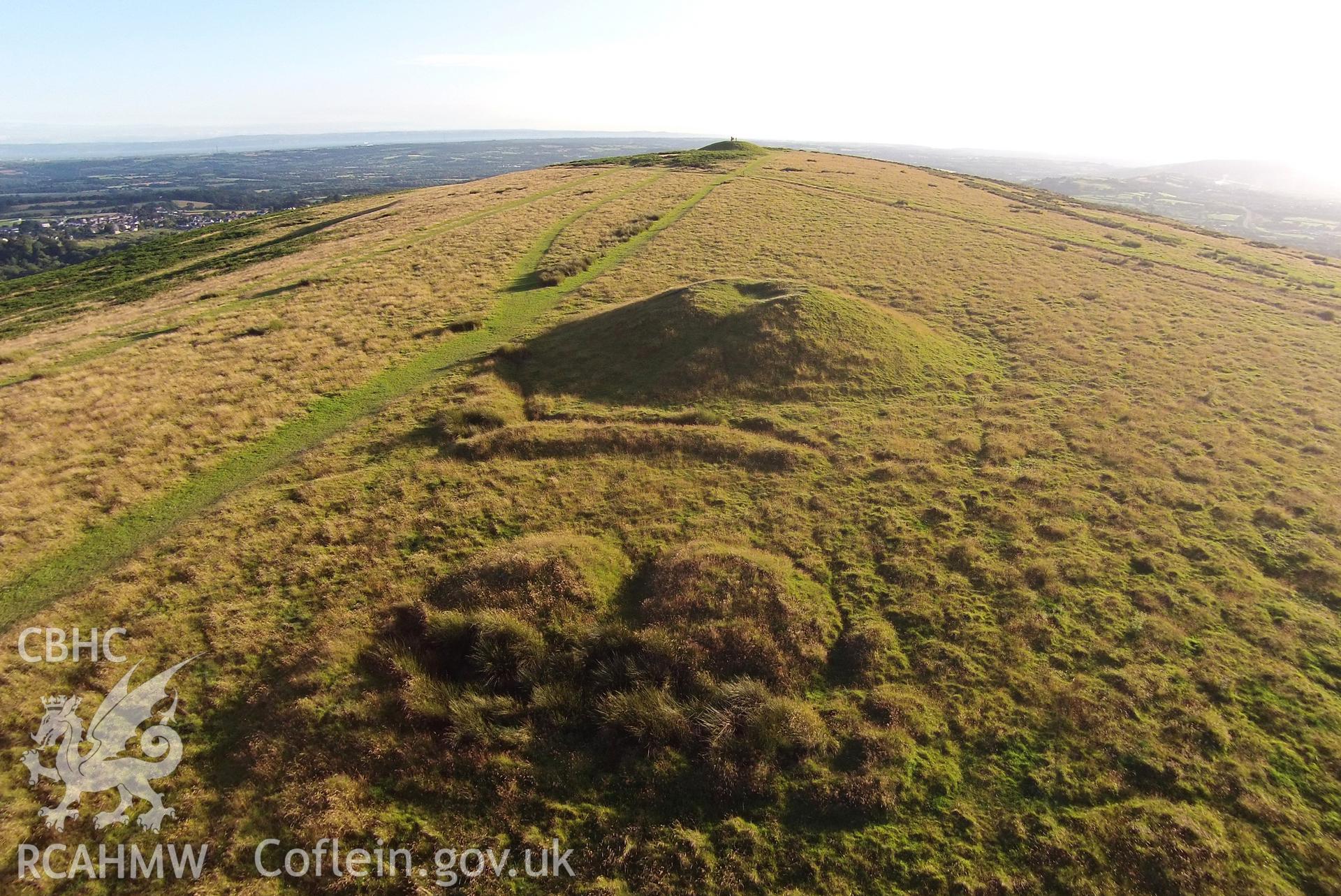 Aerial photograph showing Garth Hill Barrows IV and V taken by Paul Davis, 19th July 2015.