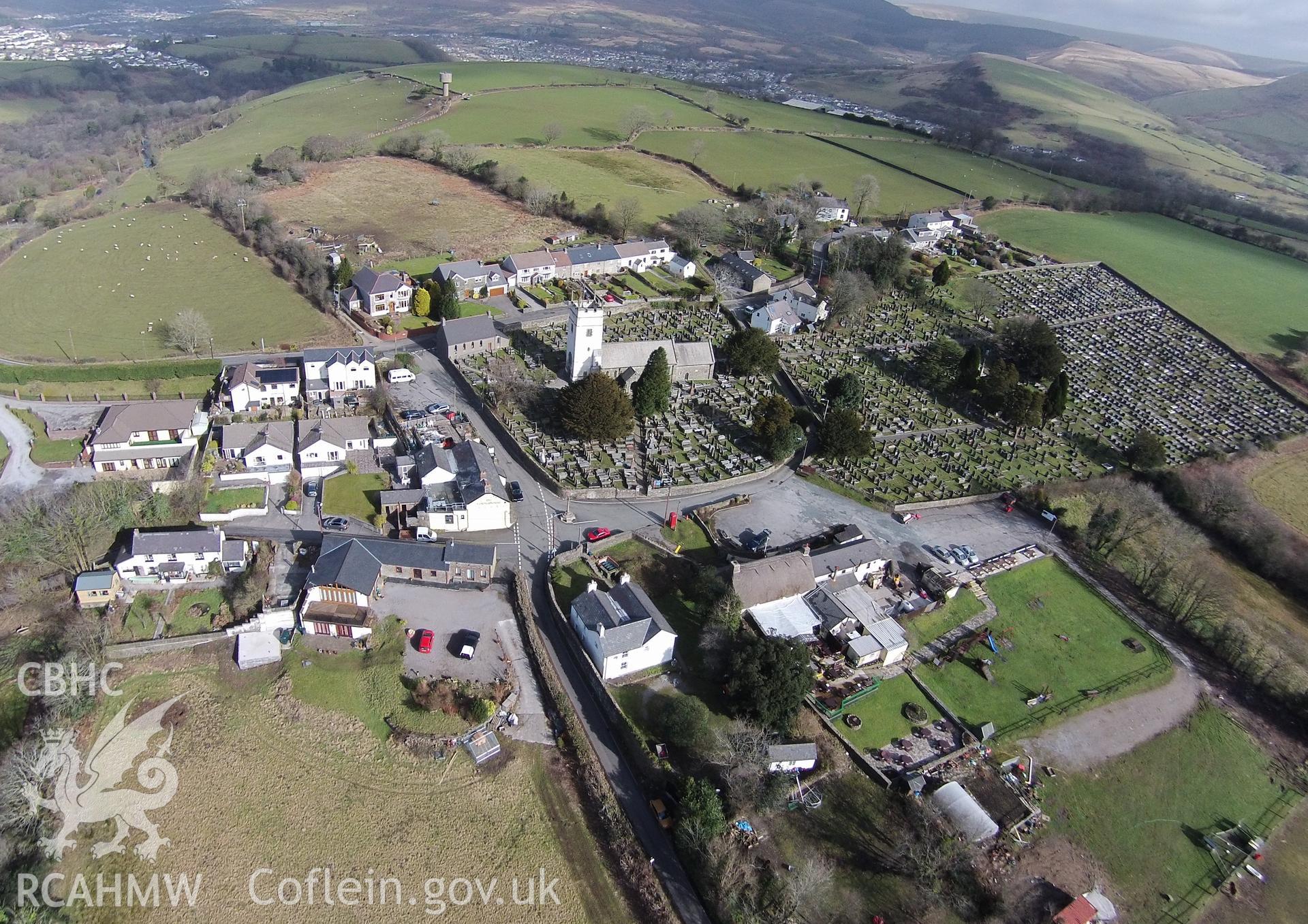 Aerial photograph showing Llangynwyd Church and village taken by Paul Davis, 27th February 2015.