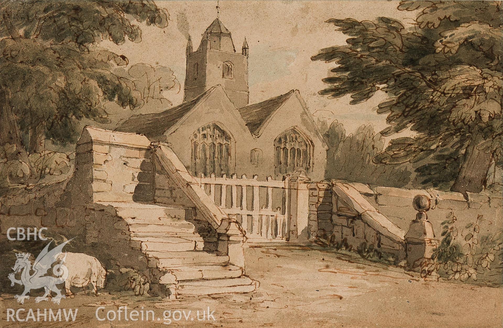 Digital scan of a watercolour of Chirk Church by John Varley dated 1820.