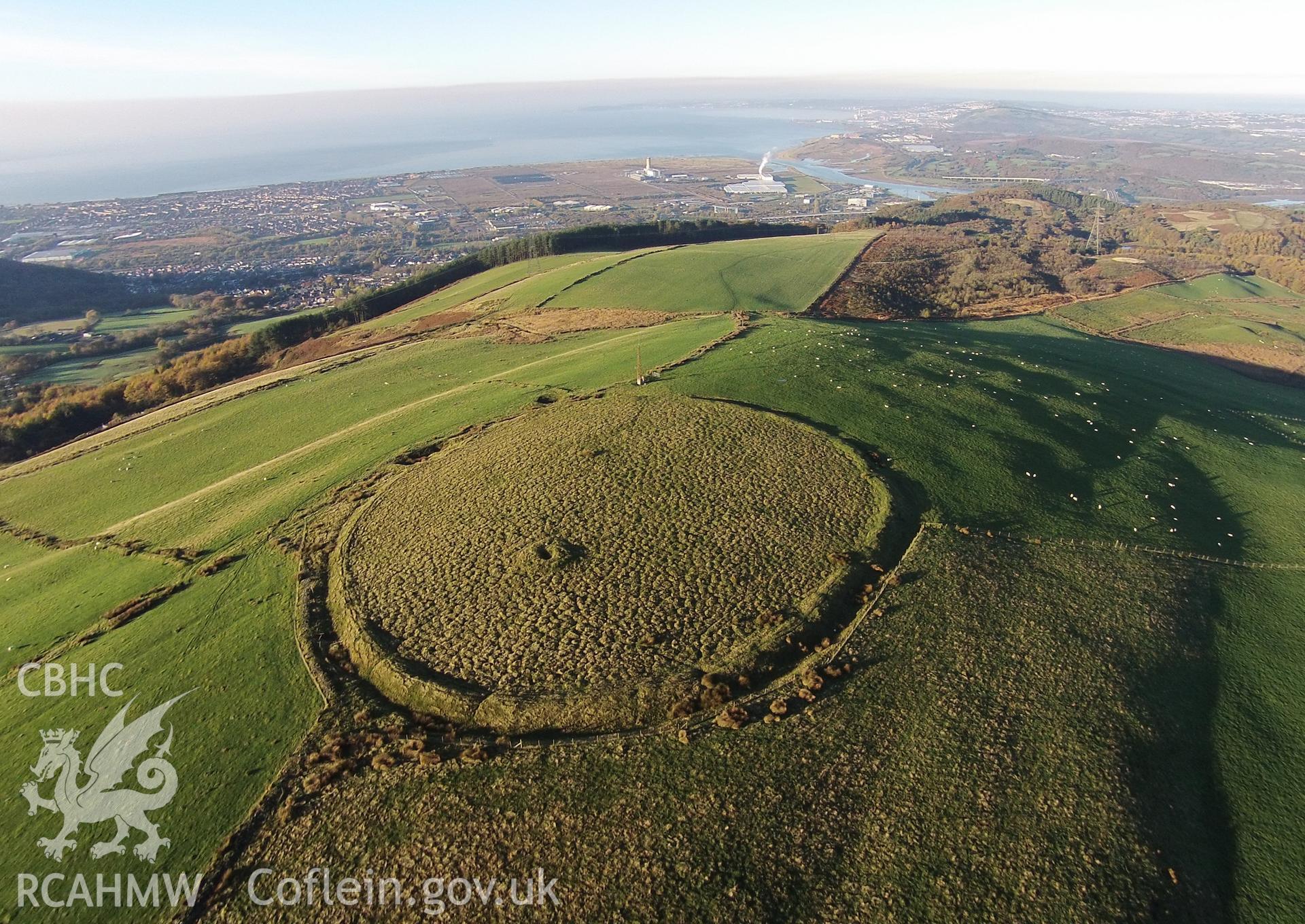 Aerial photograph showing Buarth y Gaer, taken by Paul Davis, 1st November 2015.