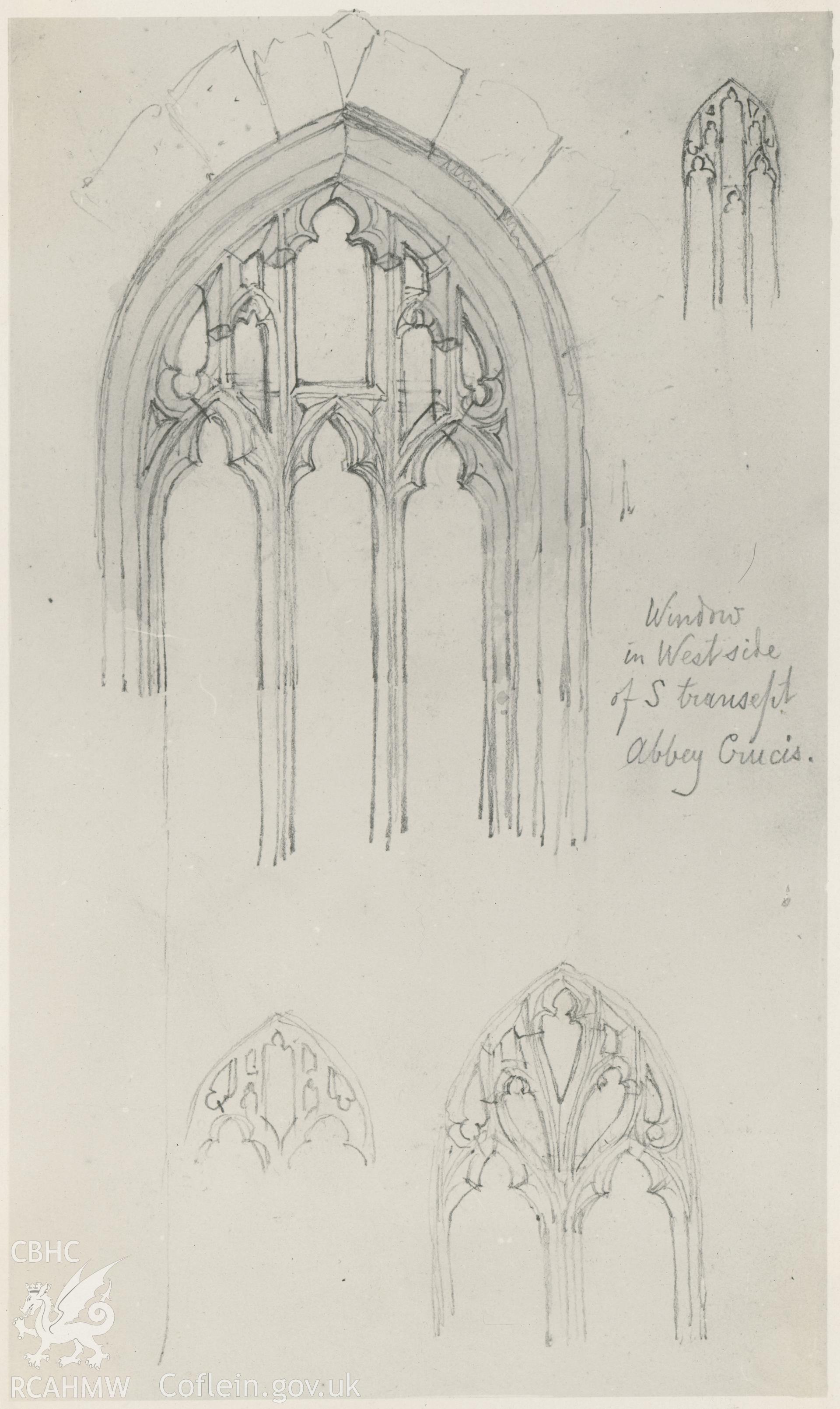 Photograph by Macbeth of an early pencil sketch showing windows in the west side of Valle Crucis Abbey.