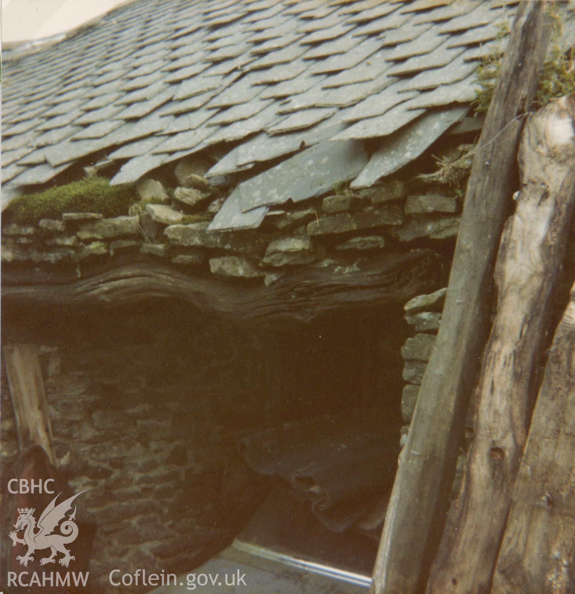 View of wicker and lime plaster chimney at Carnau, Penuwch, taken by Oksana Hucul, 1979.