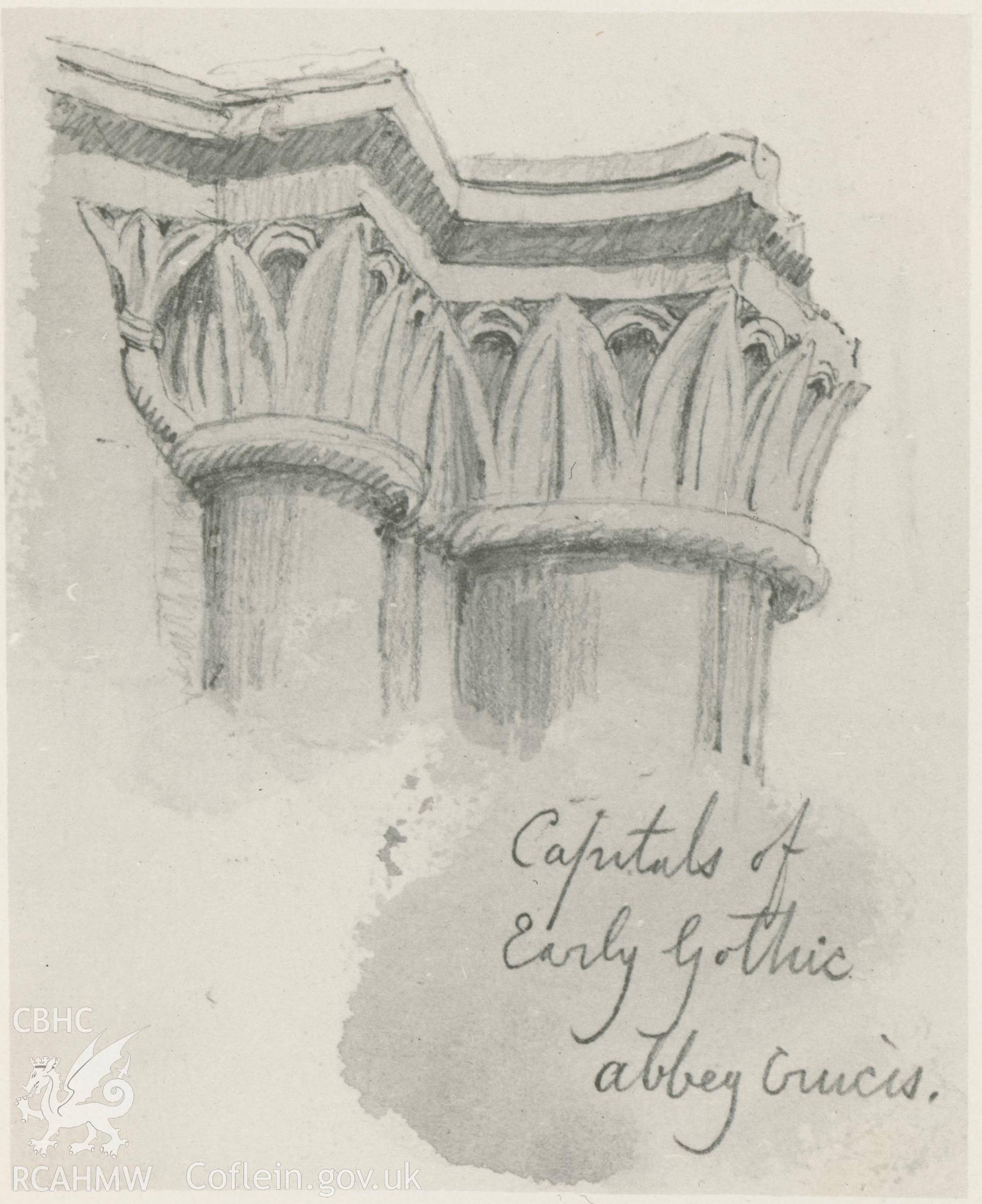 Photograph by Macbeth of an early sketch showing detail of capital at Valle Crucis Abbey.