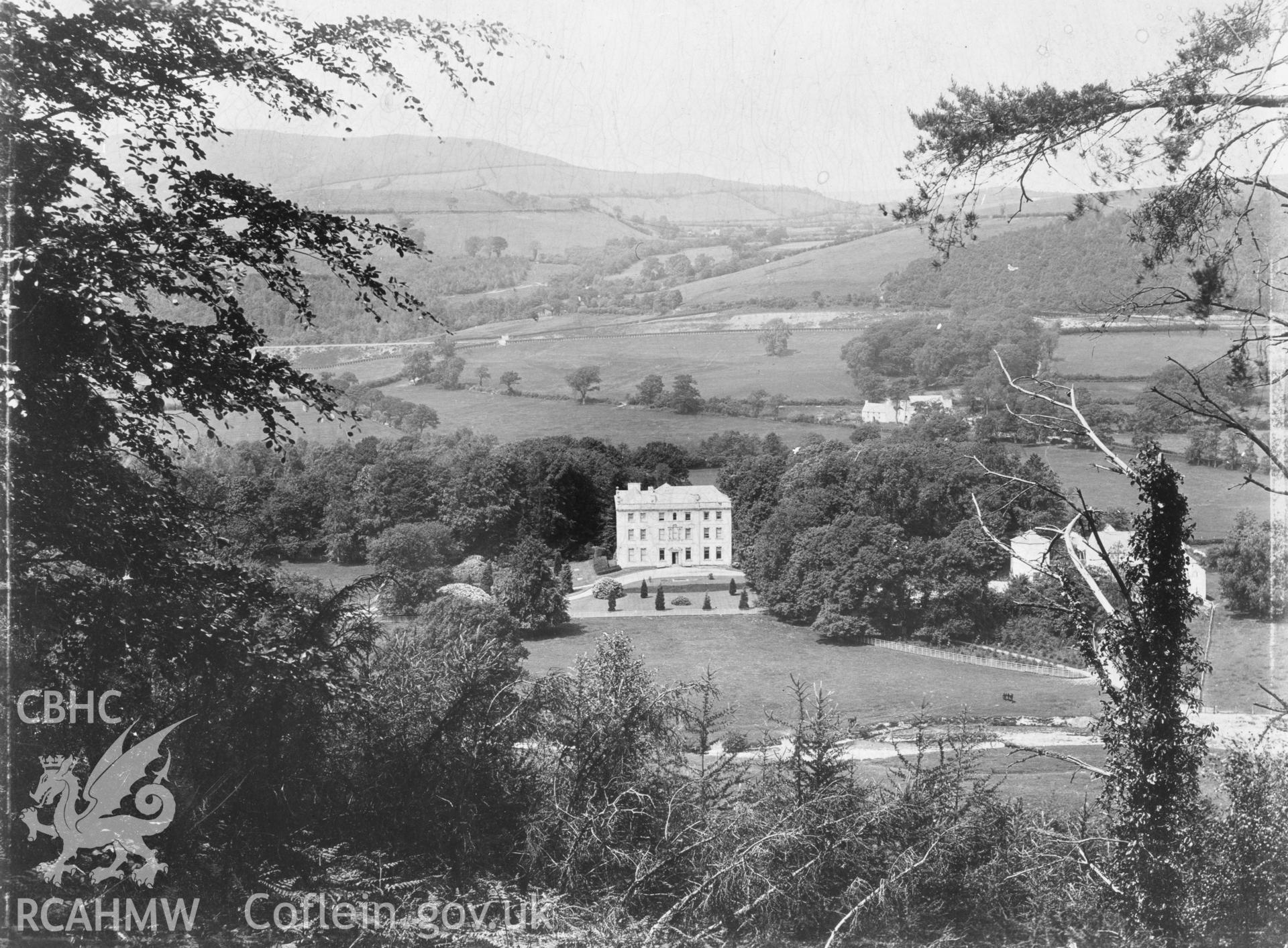 Glanbran, Llanfair ar y Bryn;  undated B&W photo showing main elevation from a distance.