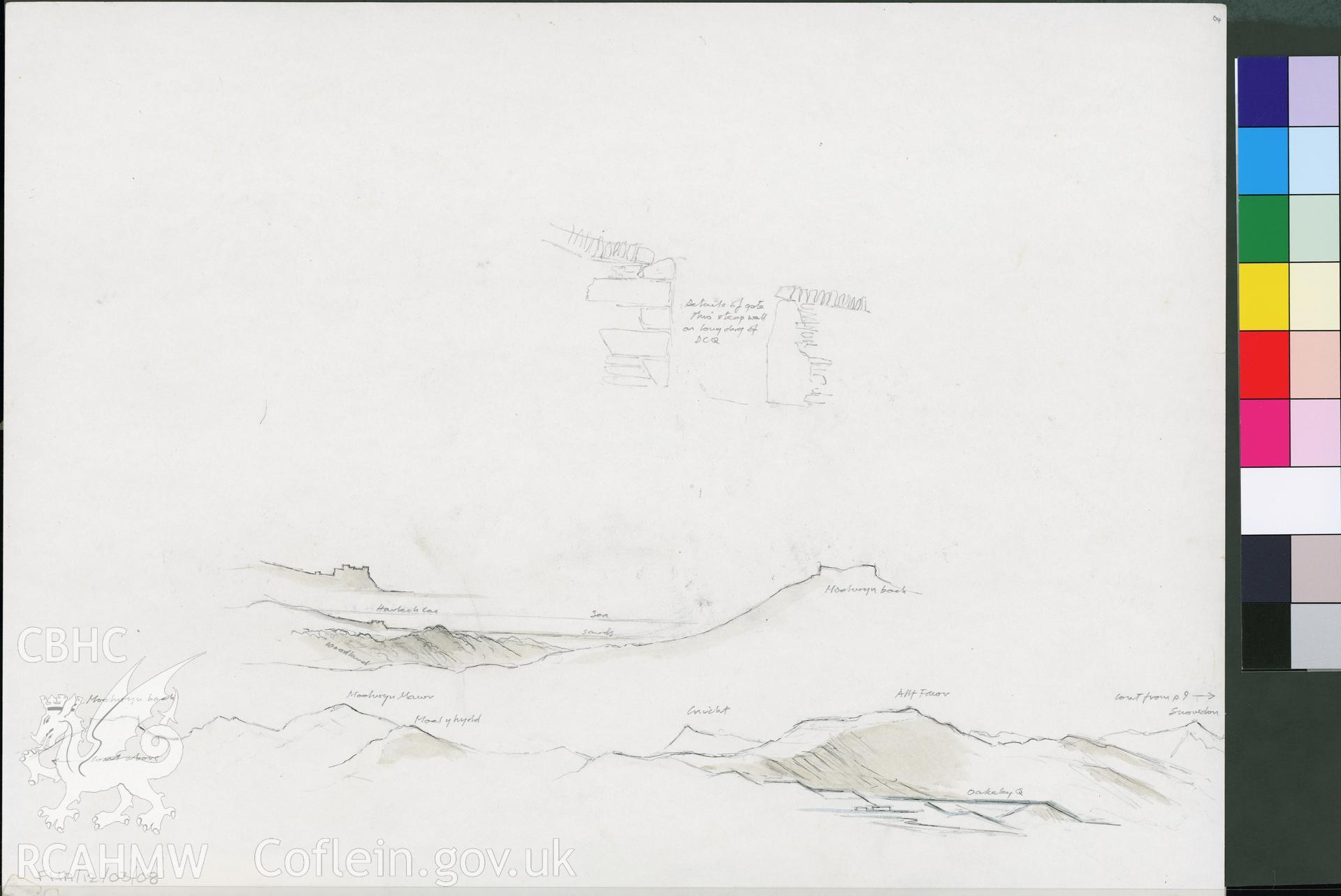 Preliminary sketch showing partial profile of of Snowdonia, produced by Falcon Hildred, July 1999.