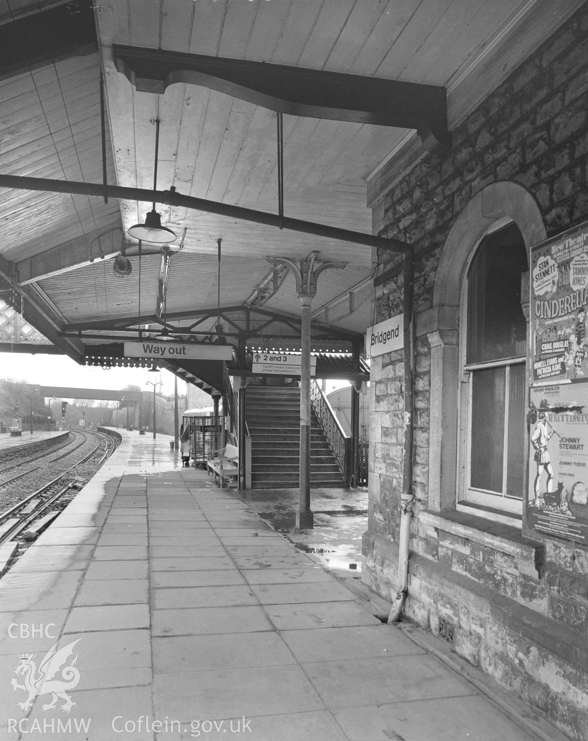 Black and white acetate negative showing Bridgend Railway Station.