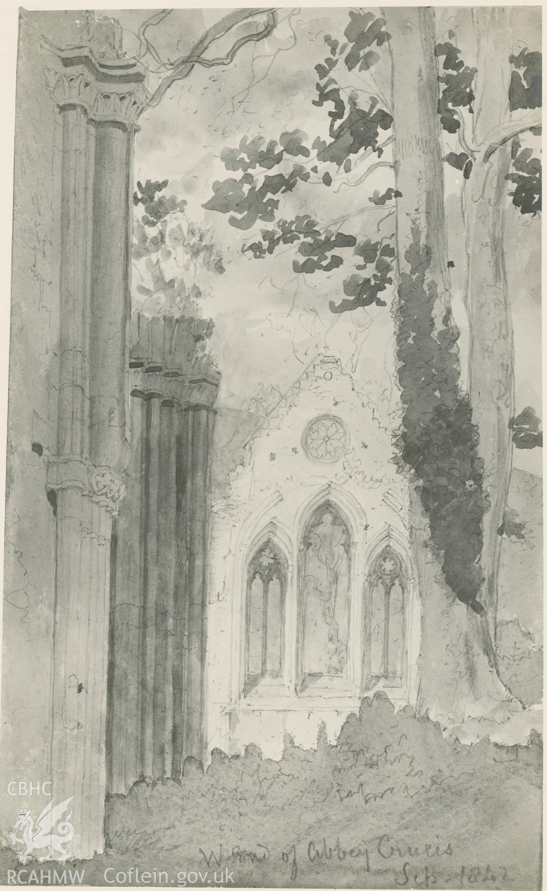 Photographic print by Macbeth of a pencil sketch dated Sep 1842, showing gable at Valle Crucis Abbey.
