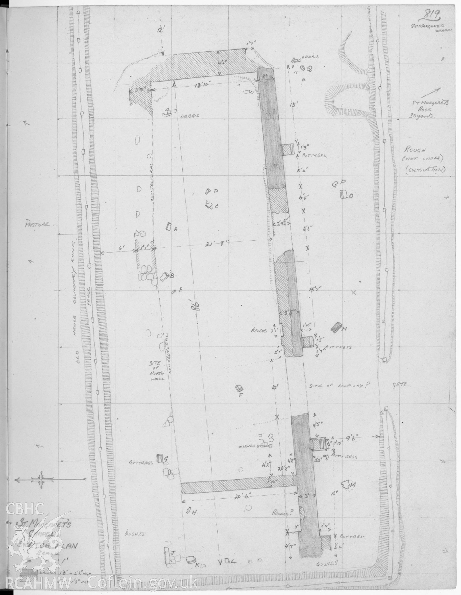 Pencil sketch plan of St Margaret's Chaepl, produced by Richard Kay.