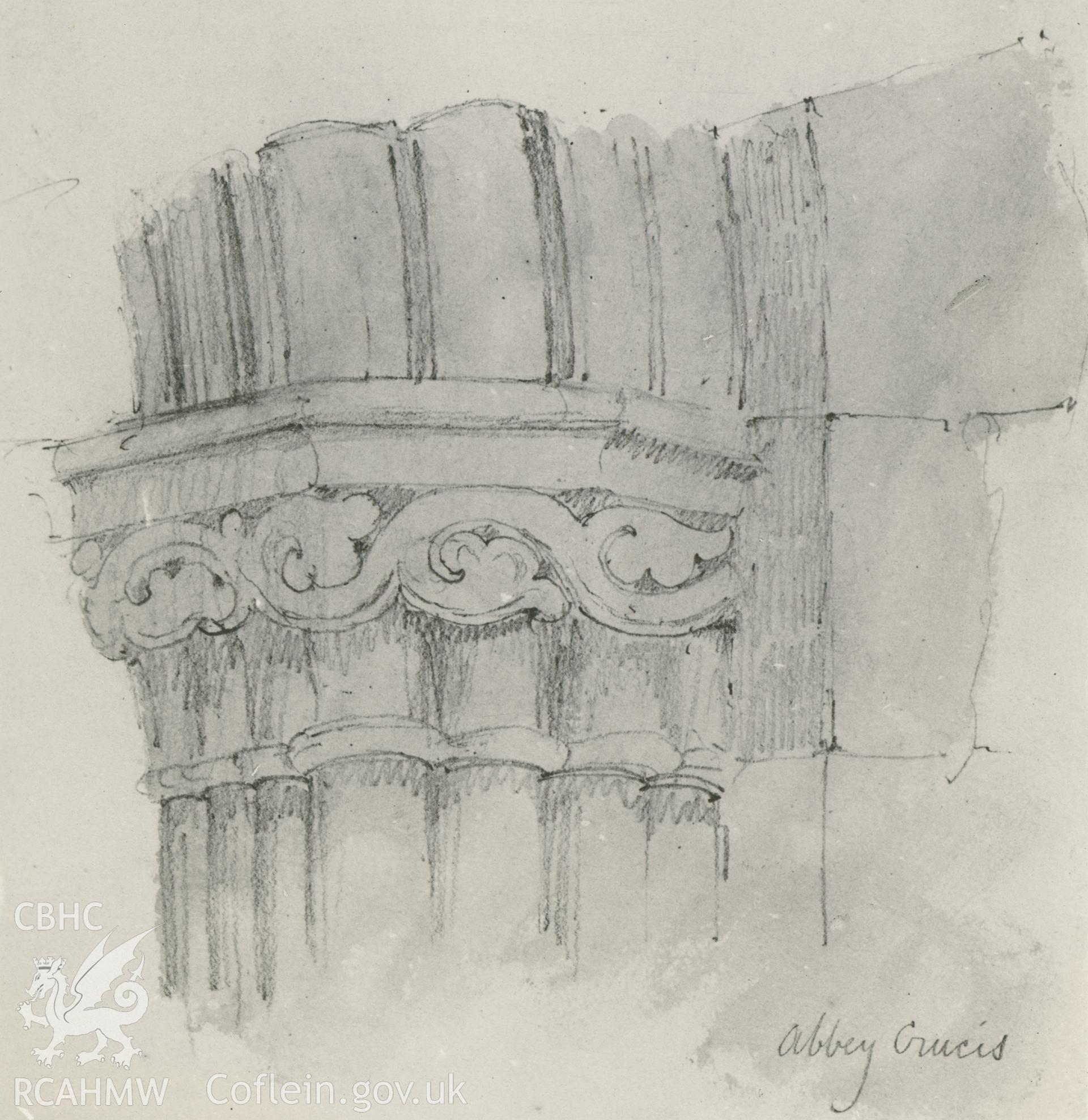 Photograph by Macbeth of an early pencil sketch showing detail of pier at Valle Crucis Abbey.