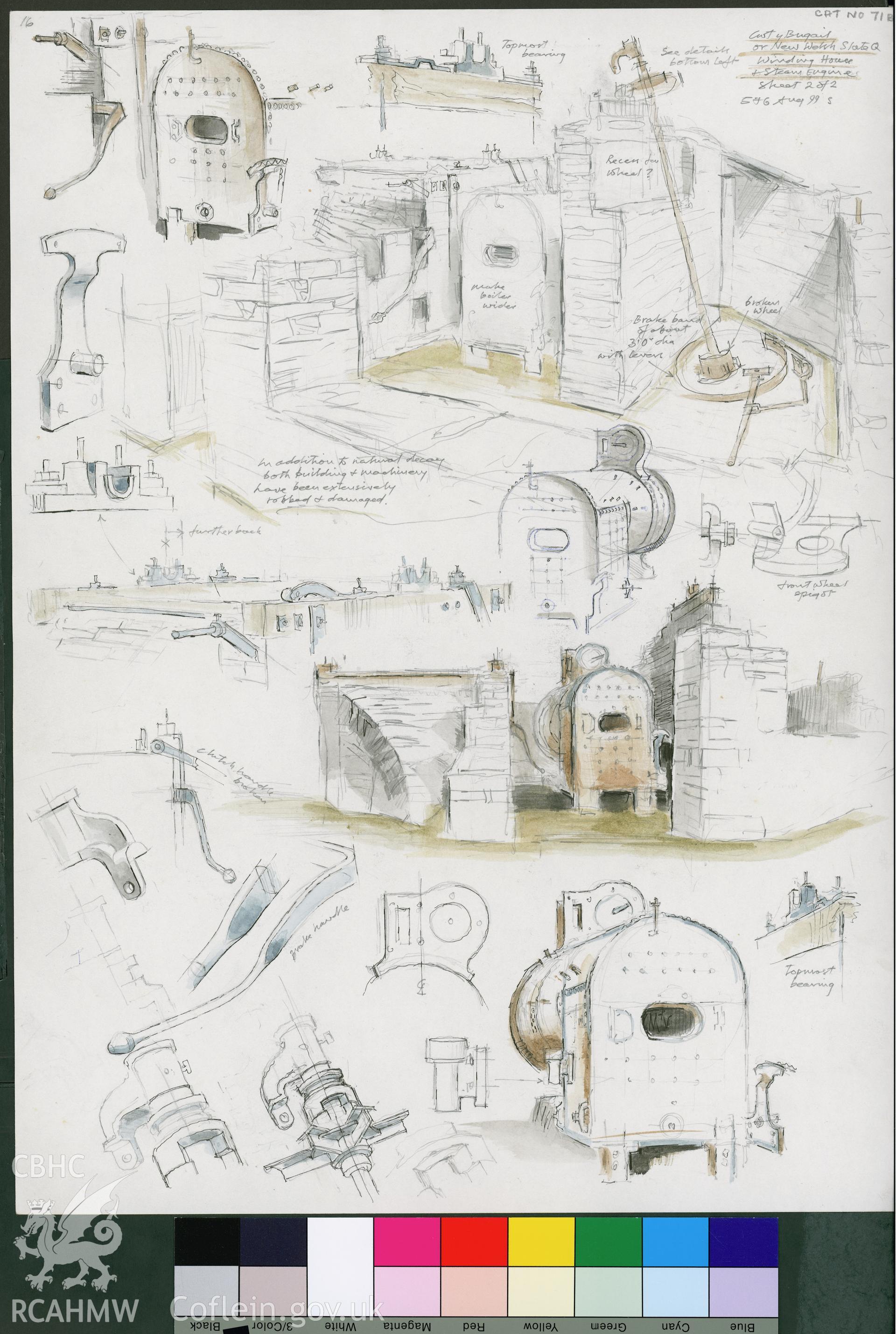 Watercolour showing features at Cwt y Bugail Quarry, produced by Falcon Hildred, August 1999.