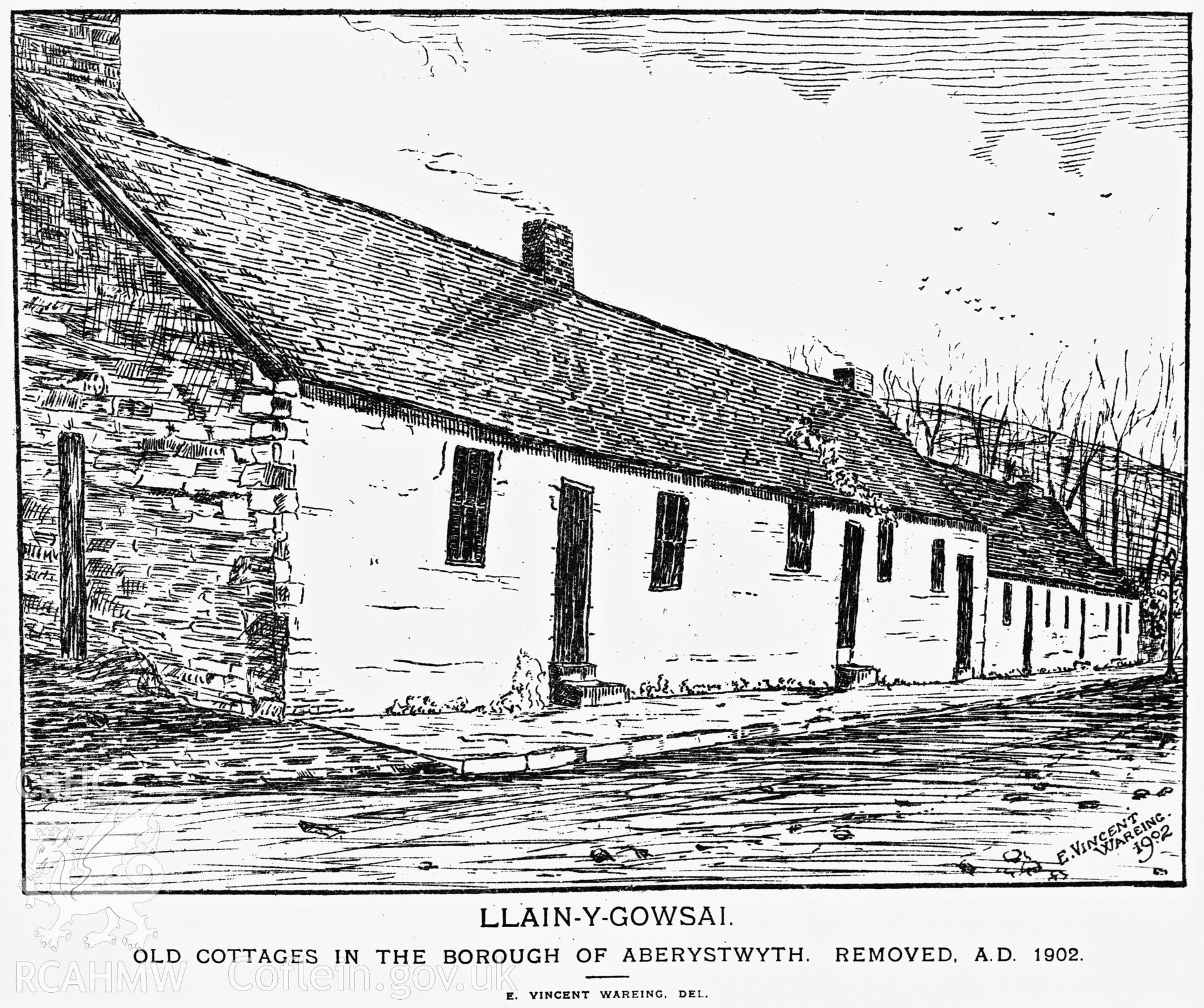 Black and white acetate negative showing an engraving of cottages at Llangawsai.