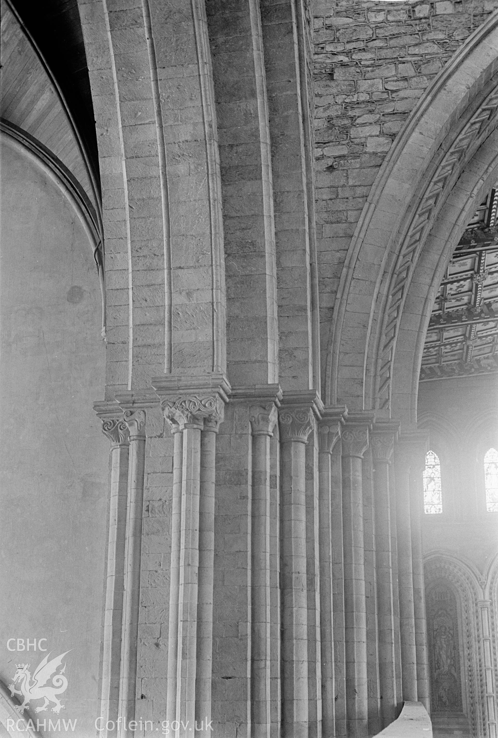 Black and white nitrate negative showing interior view of St Davids Cathedral.