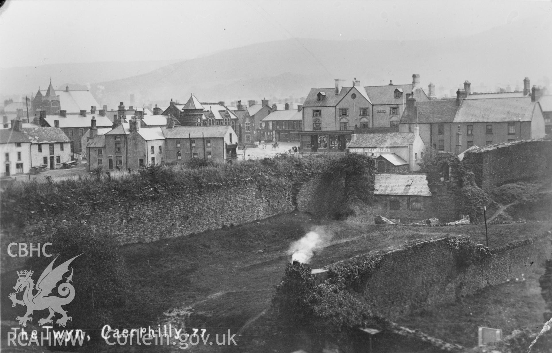 Black and white acetate negative showing the Twyn area of Caerphilly.