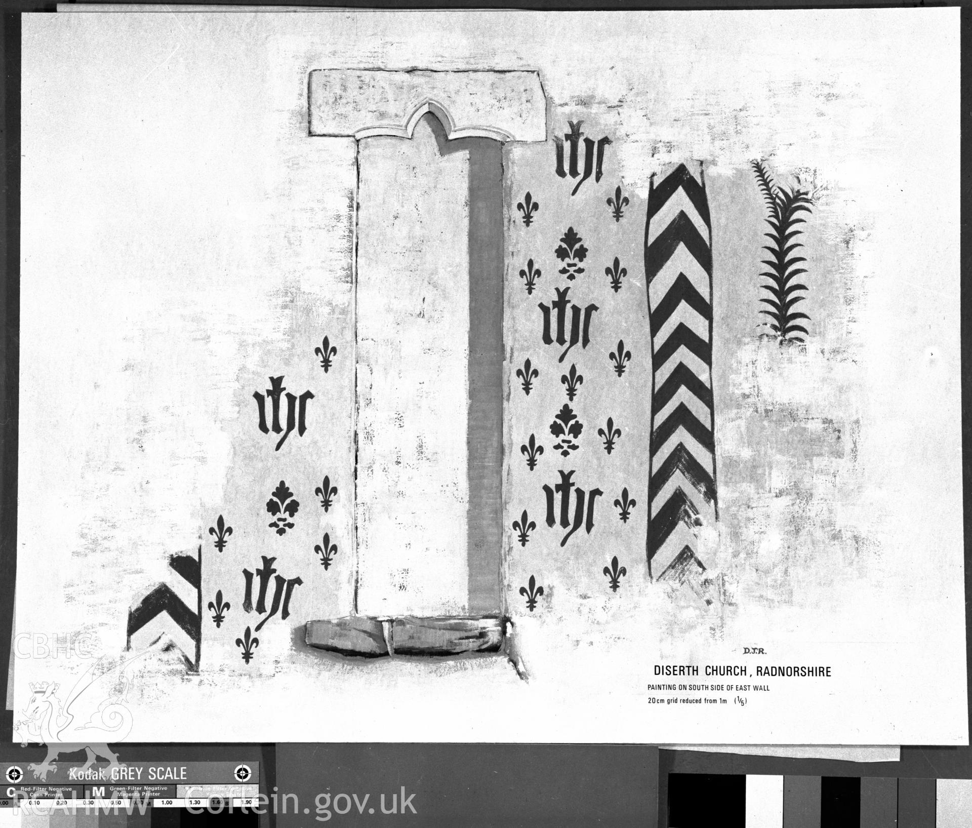 Black and white acetate negative showing an illustration of the wallpainting at Diserth Church.