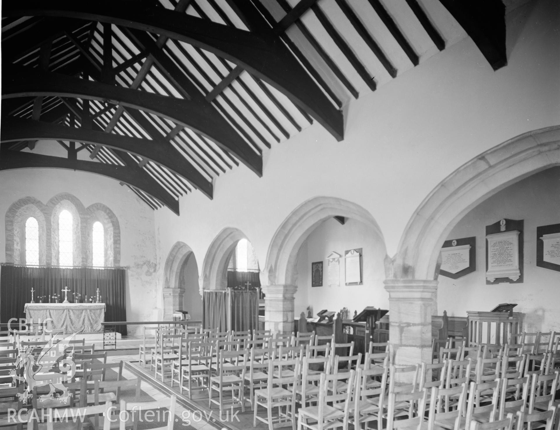 Black and white nitrate negative showing interior view of Llaniestyn Church.