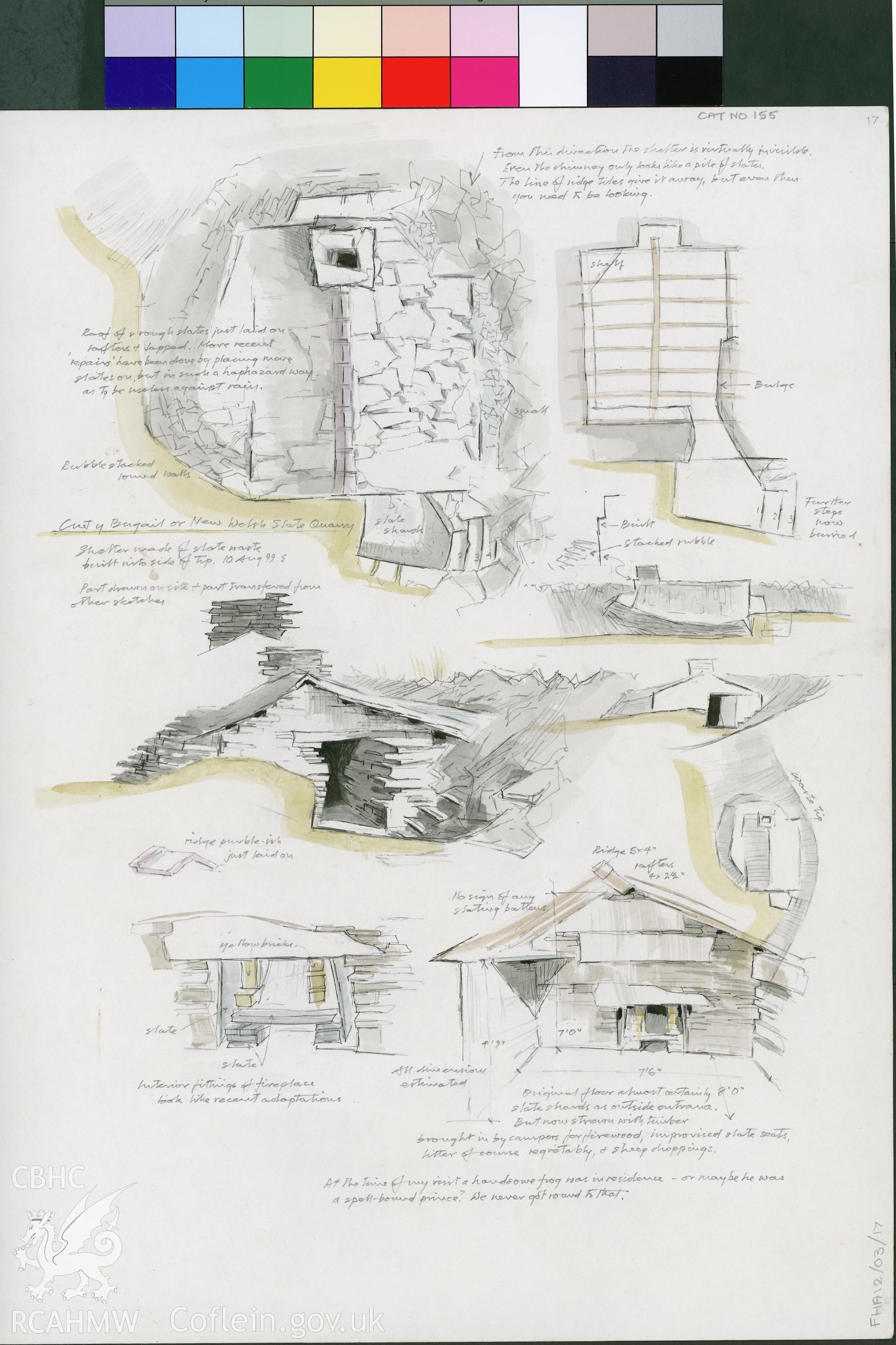 Watercolour showing features at Cwt y Bugail Quarry, produced by Falcon Hildred, August 1999.