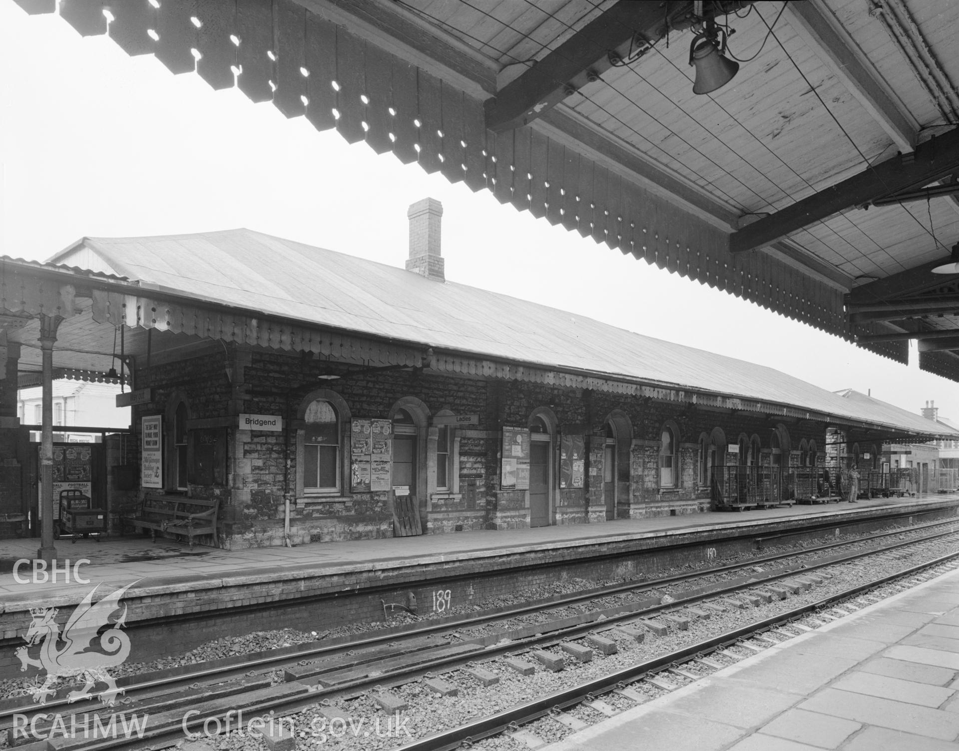 Black and white acetate negative showing Bridgend Railway Station.