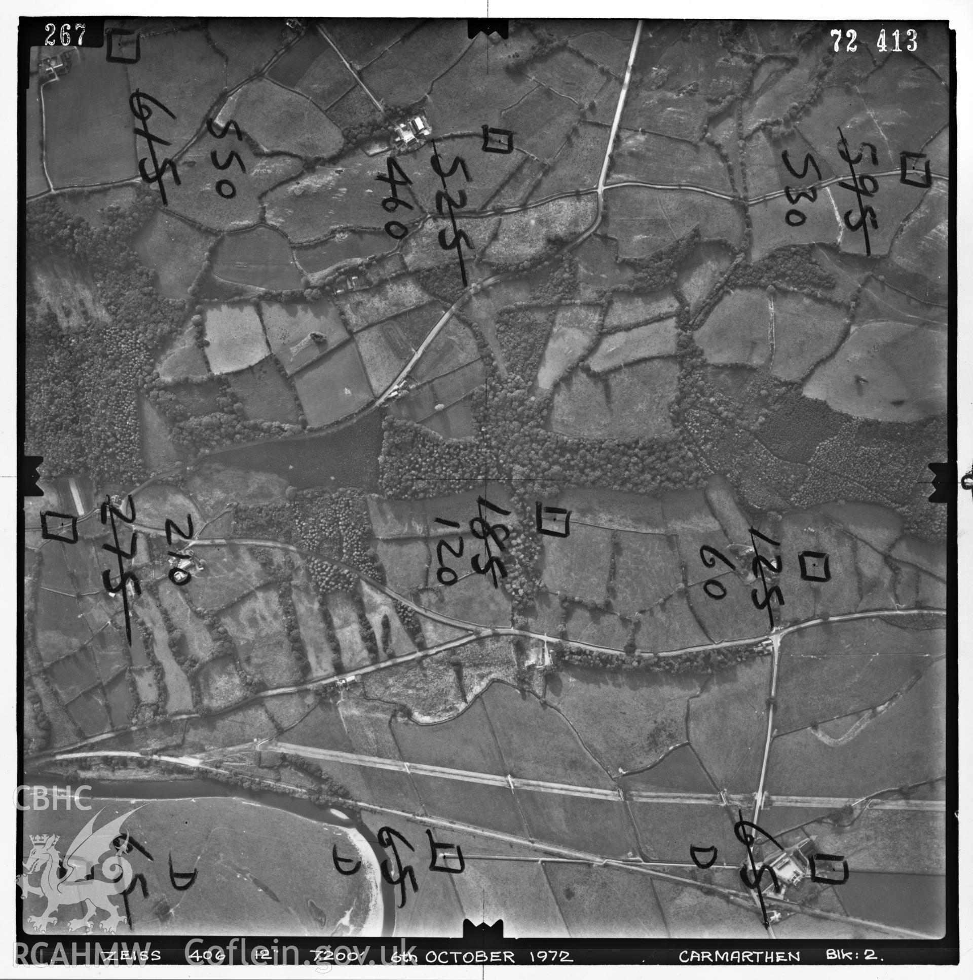 Digitized copy of an aerial photograph showing the Ty Canol area, Carmarthen. Grid ref:256603/219184, taken by Ordnance Survey, 1972.