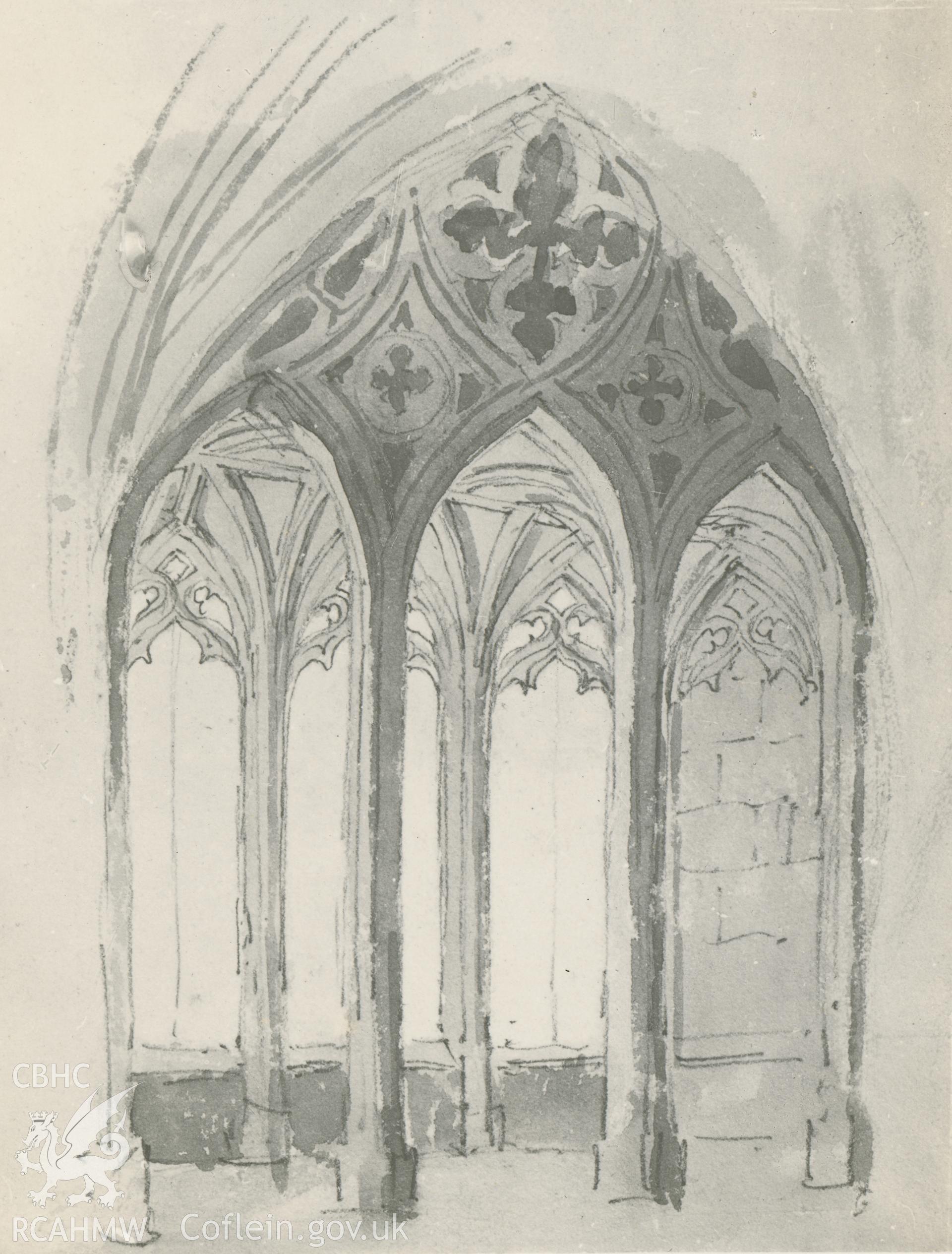 Photograph by Macbeth of an early pencil sketch showing detail of window at Valle Crucis Abbey.