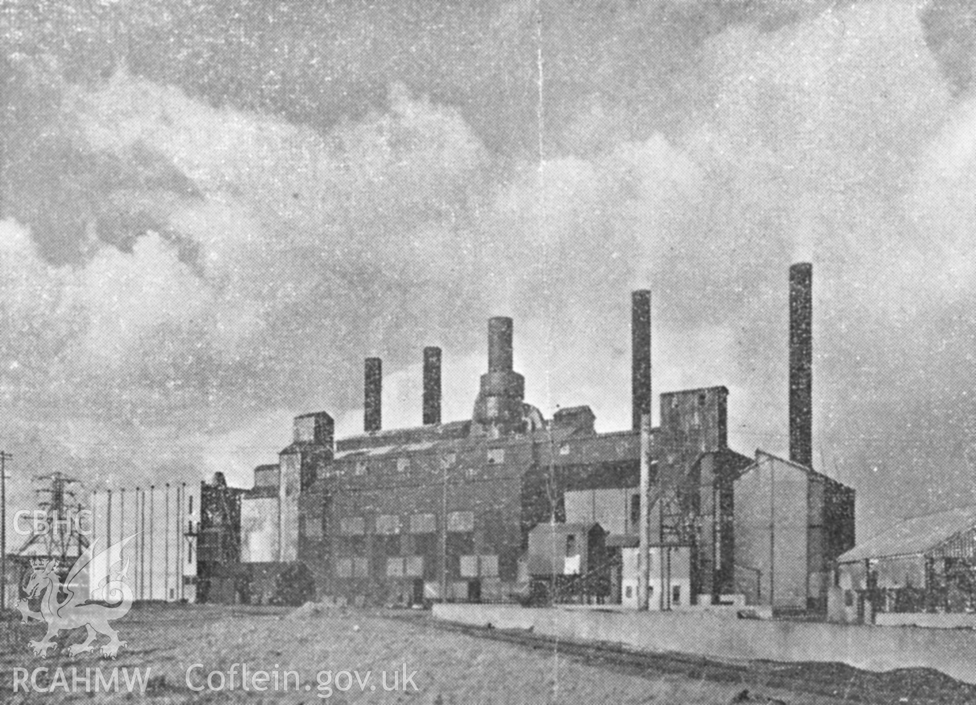Black and white acetate negative showing view of Llanelli Power Station.