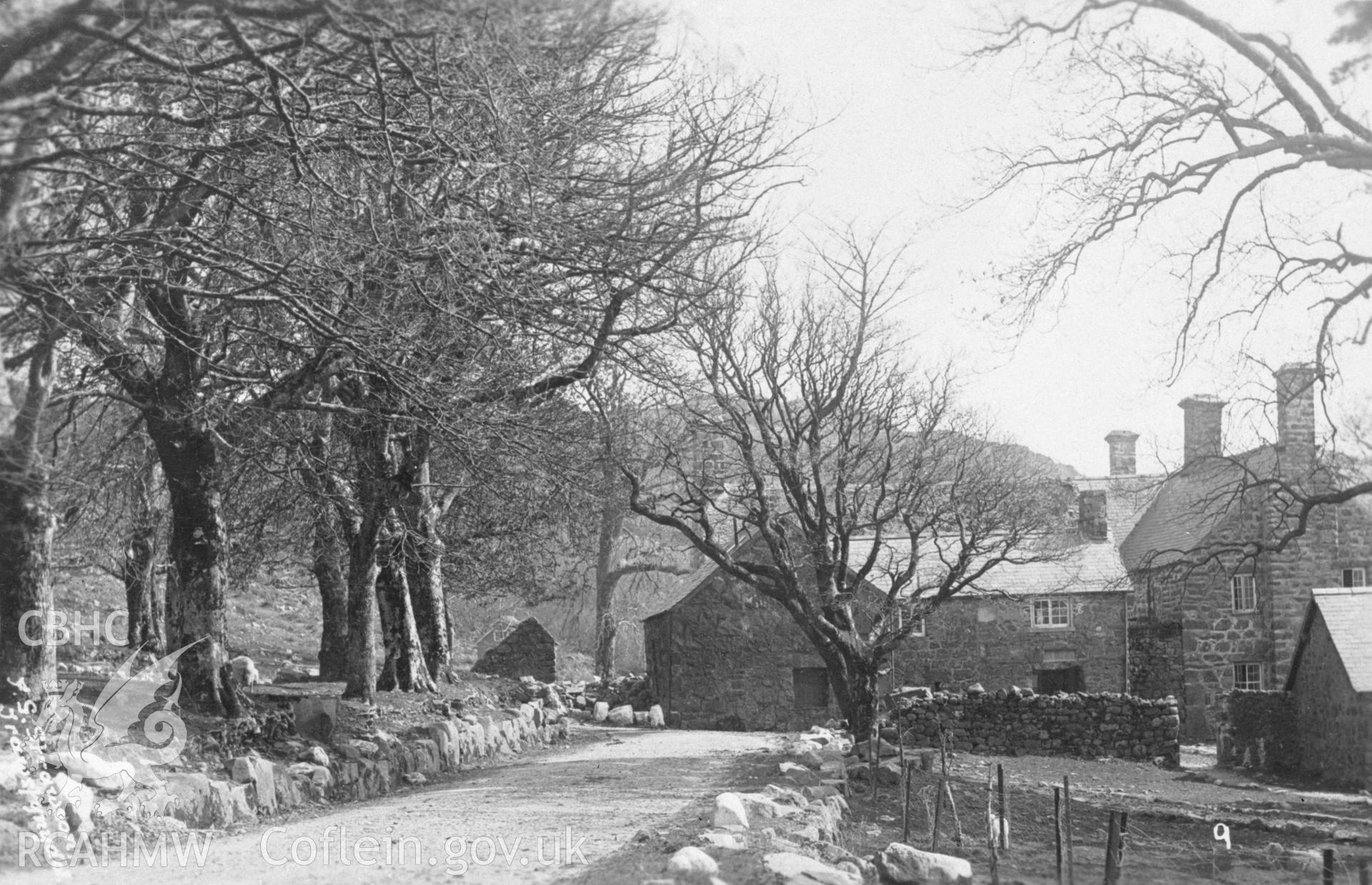 Black and white print of Rhiw Goch, a house near Trawsfynydd, copied from a postcard loaned by Thomas Lloyd. Negative held.