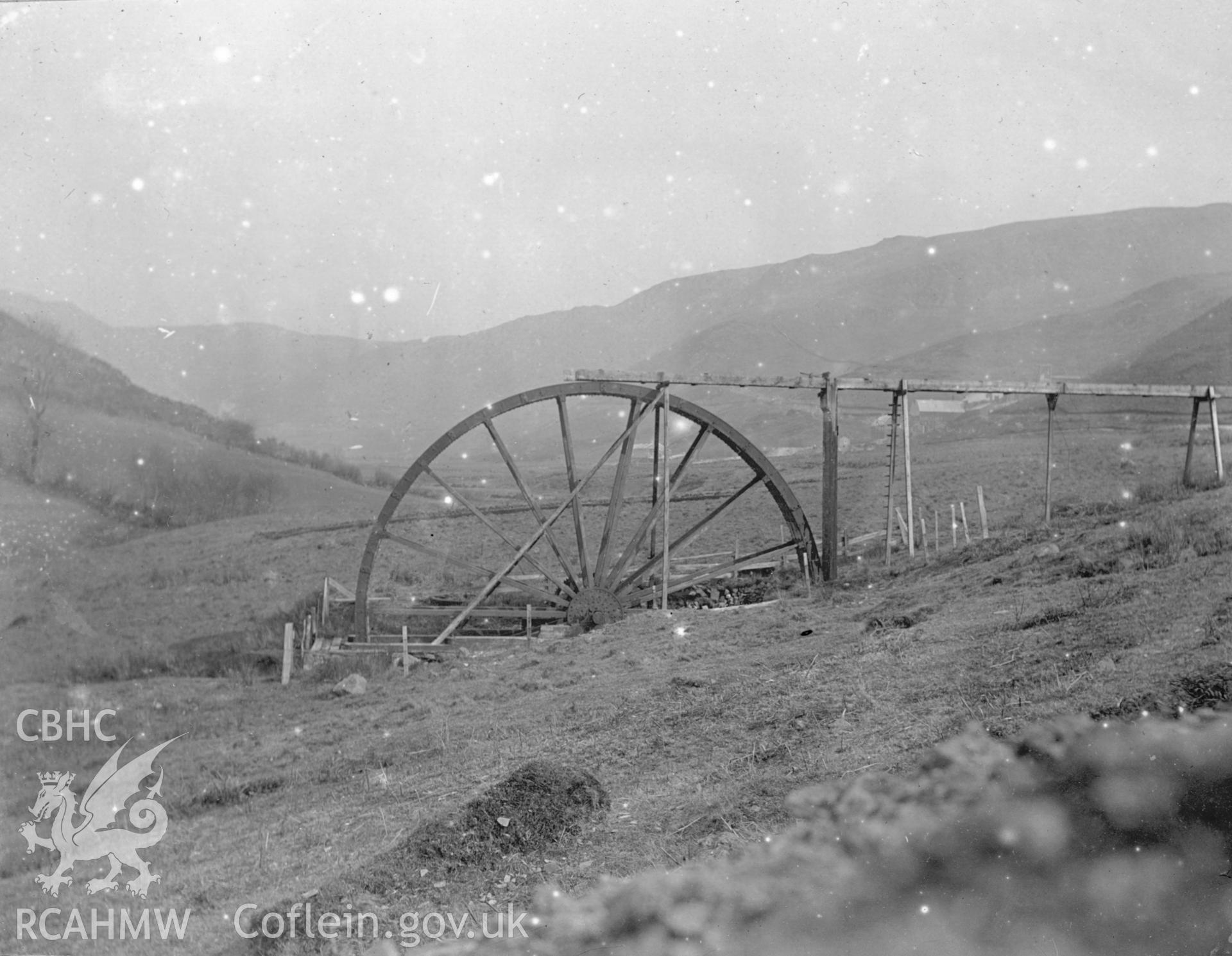 'Brynglas mine near Talybont 1910".  Digitised from a photograph album showing views of Aberystwyth and District, produced by David John Saer, school teacher of Aberystwyth. Loaned for copying by Dr Alan Chamberlain.