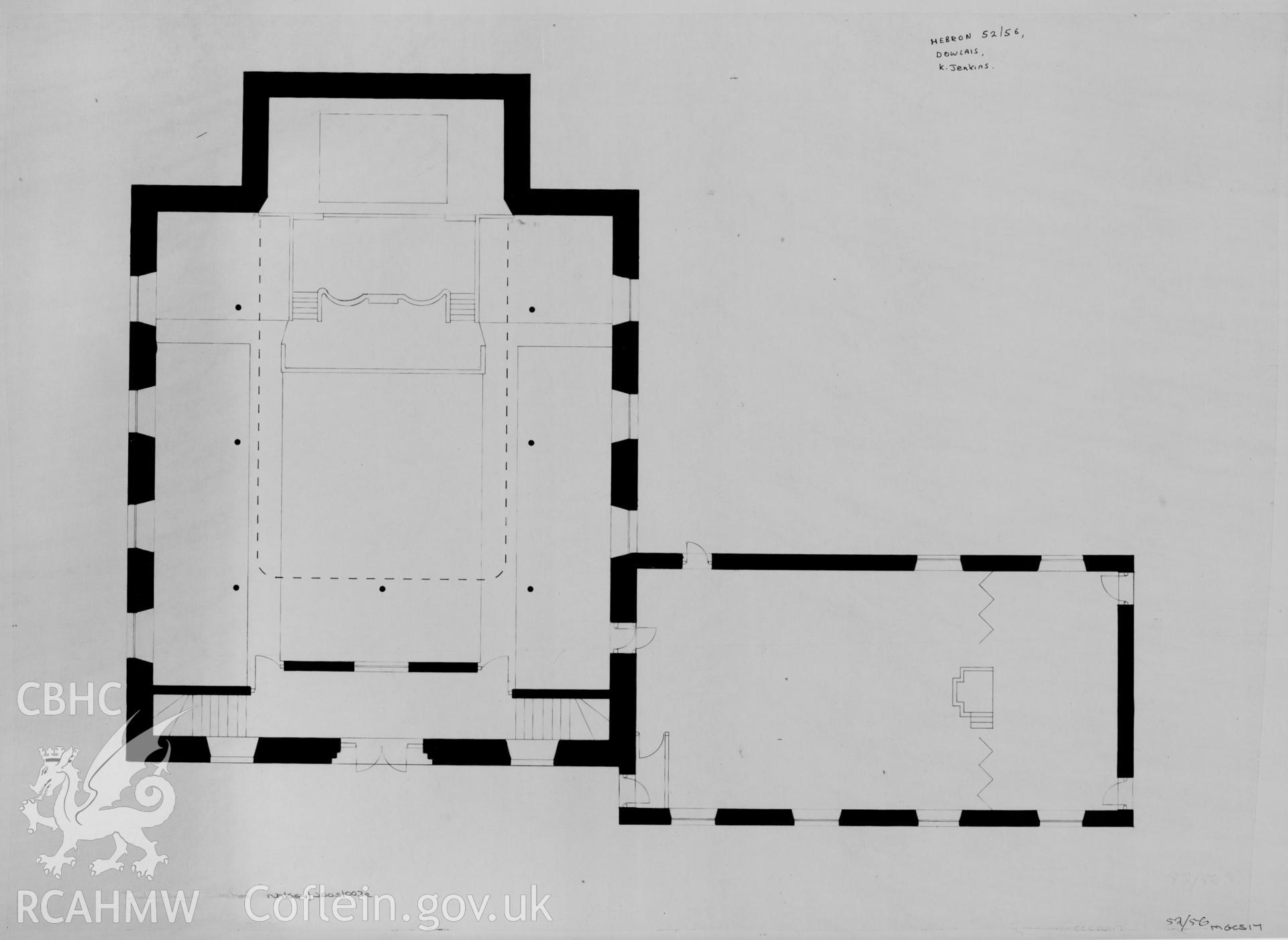 Measured drawings of Hebron Chapel, High Street, Dowlais, Merthyr Tydfil: front elevation and floor plan. Drawn by K. Jenkins.