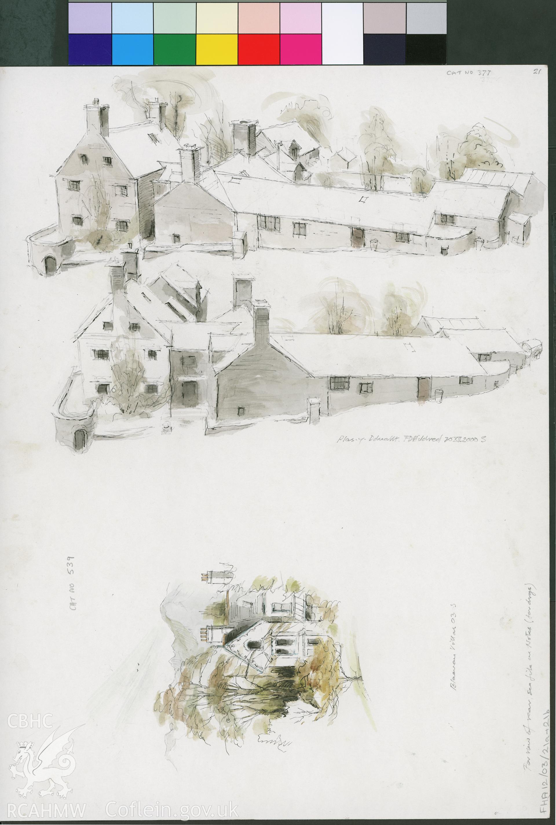 Watercolour showing villas at Blaenau produced by Falcon Hildred, July 2000.