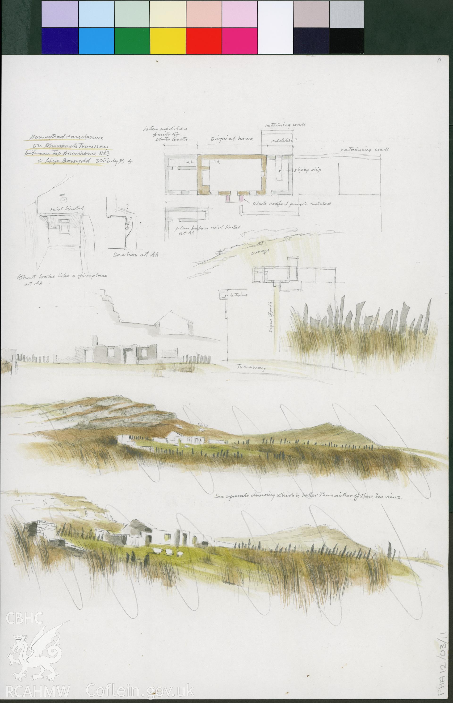 Preliminary sketches showing homestead at Rhiwbach Tramway, produced by Falcon Hildred, July 1999.