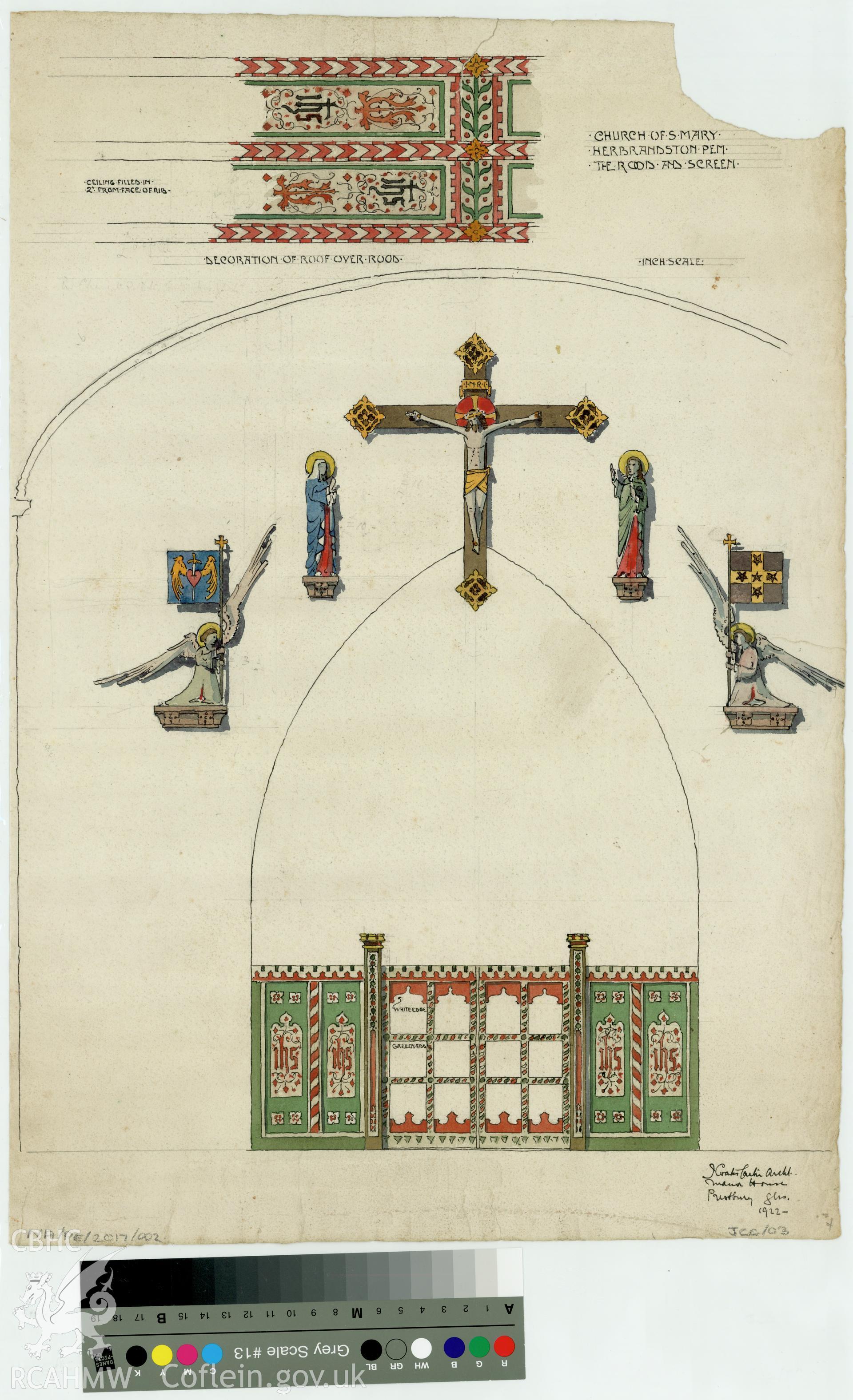 Original coloured drawing showing the rood and screen at Herbrandston Church, produced by John Coates-Carter in 1922.