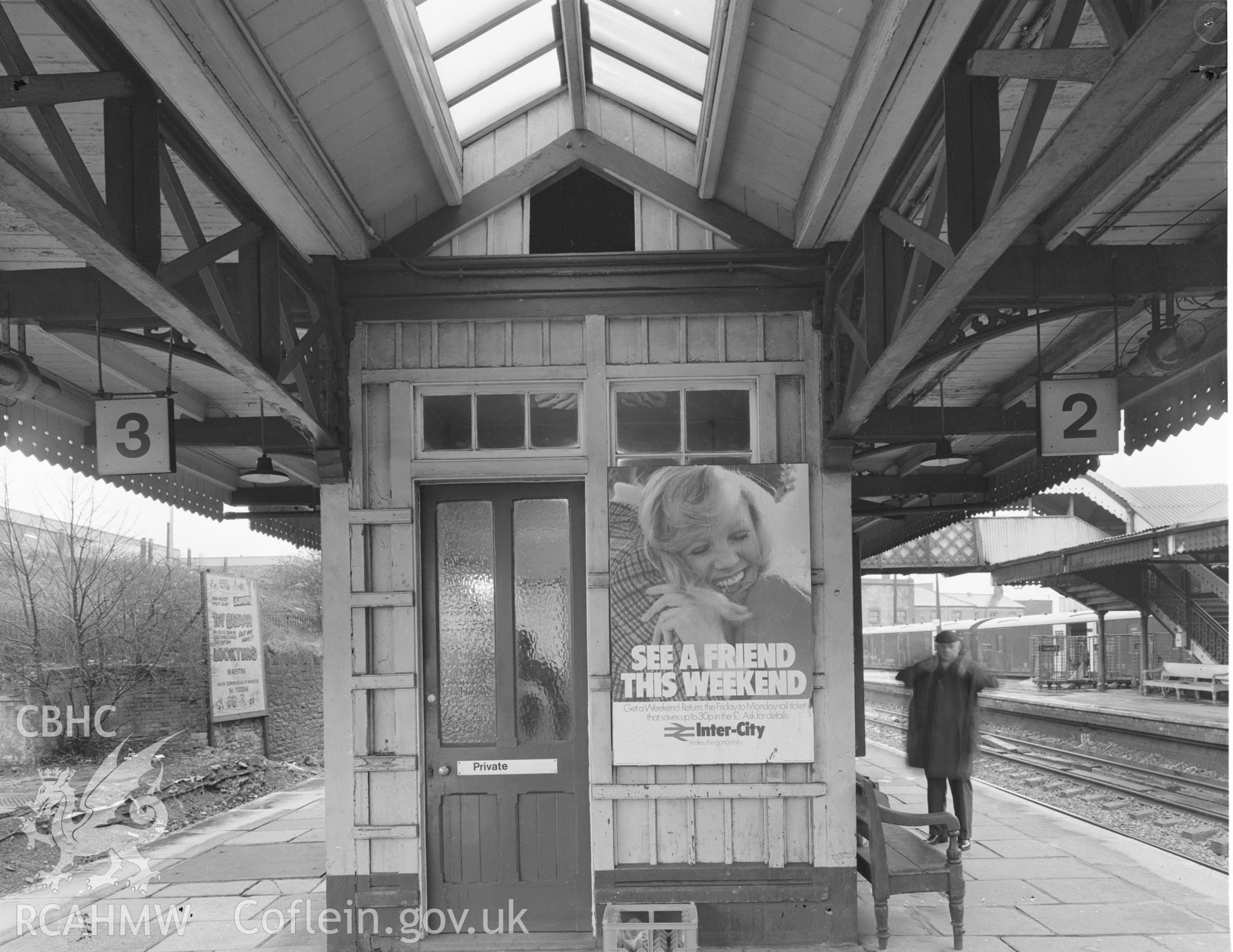 Black and white acetate negative showing Bridgend Railway Station.