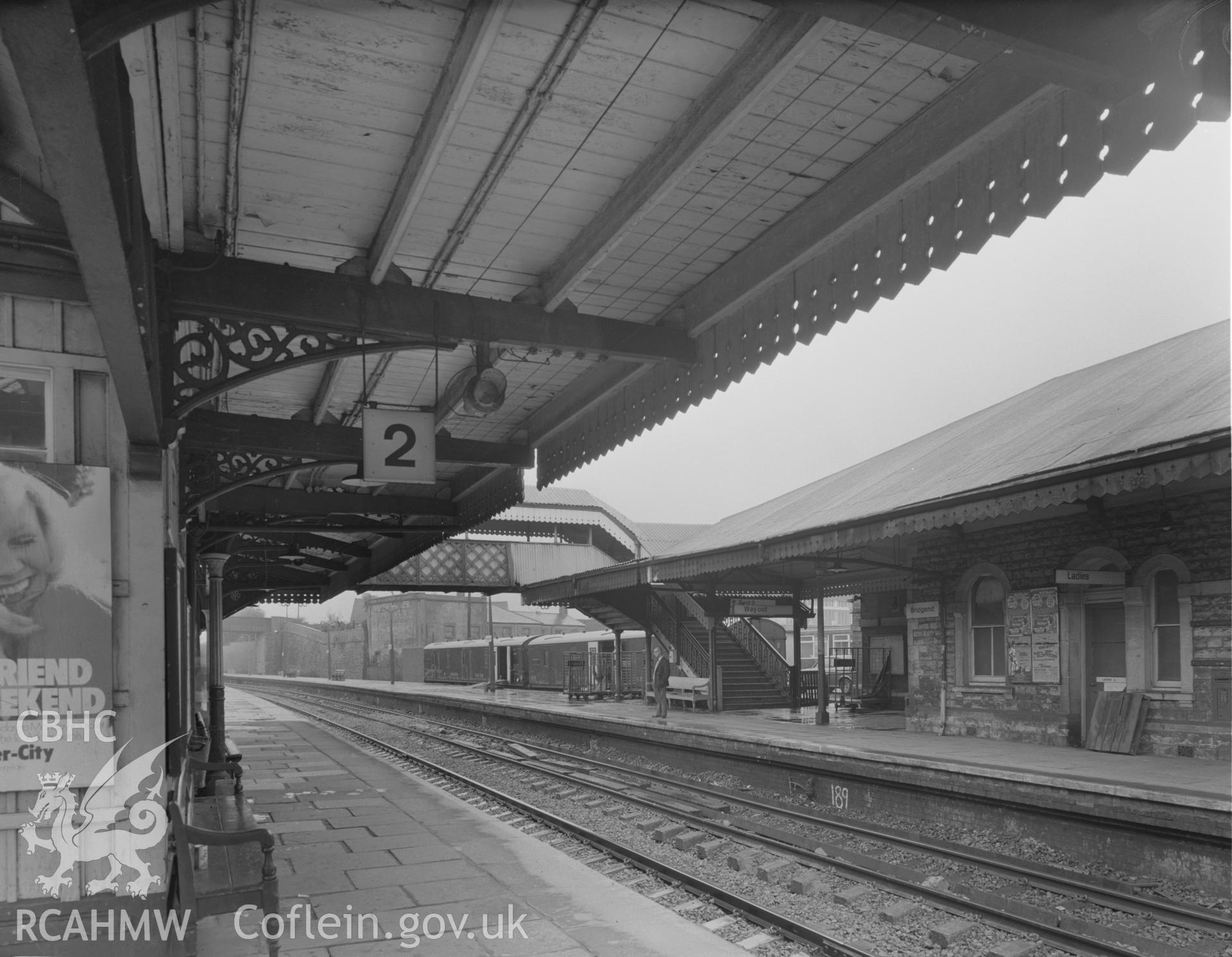 Black and white acetate negative showing Bridgend Railway Station.
