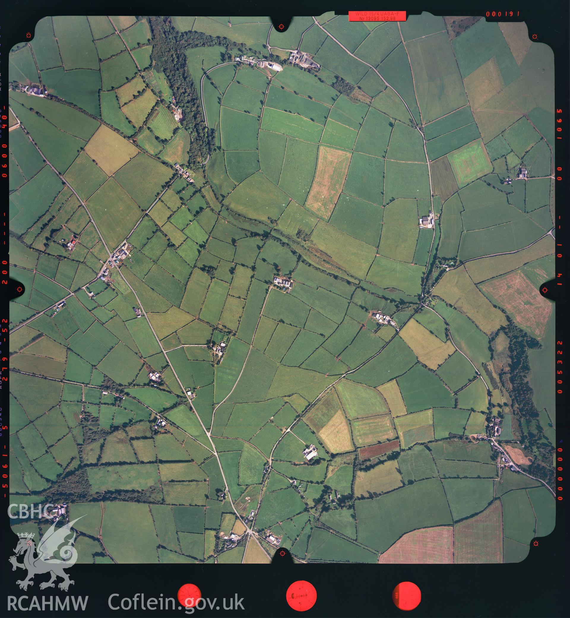 Digitized copy of a colour aerial photograph showing the Clydau area, Pembrokeshire, taken by Ordnance Survey, 2003.