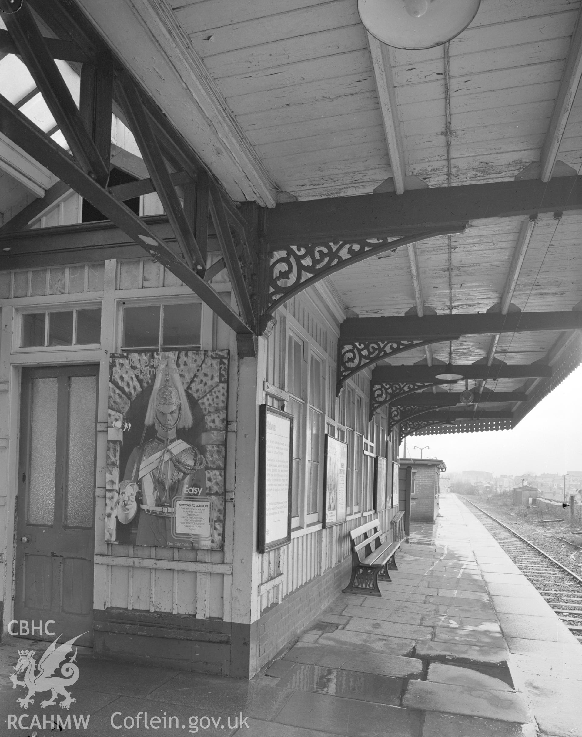 Black and white acetate negative showing Bridgend Railway Station.
