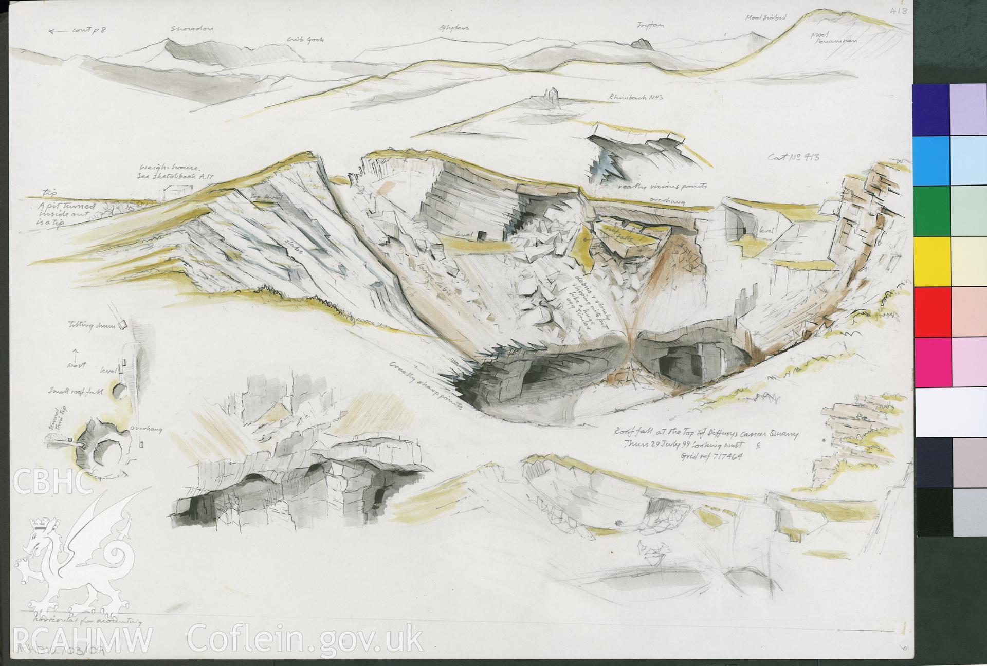 Watercolour showing rockfall at Diffwys Casson Quarry, produced by Falcon Hildred, July 1999.