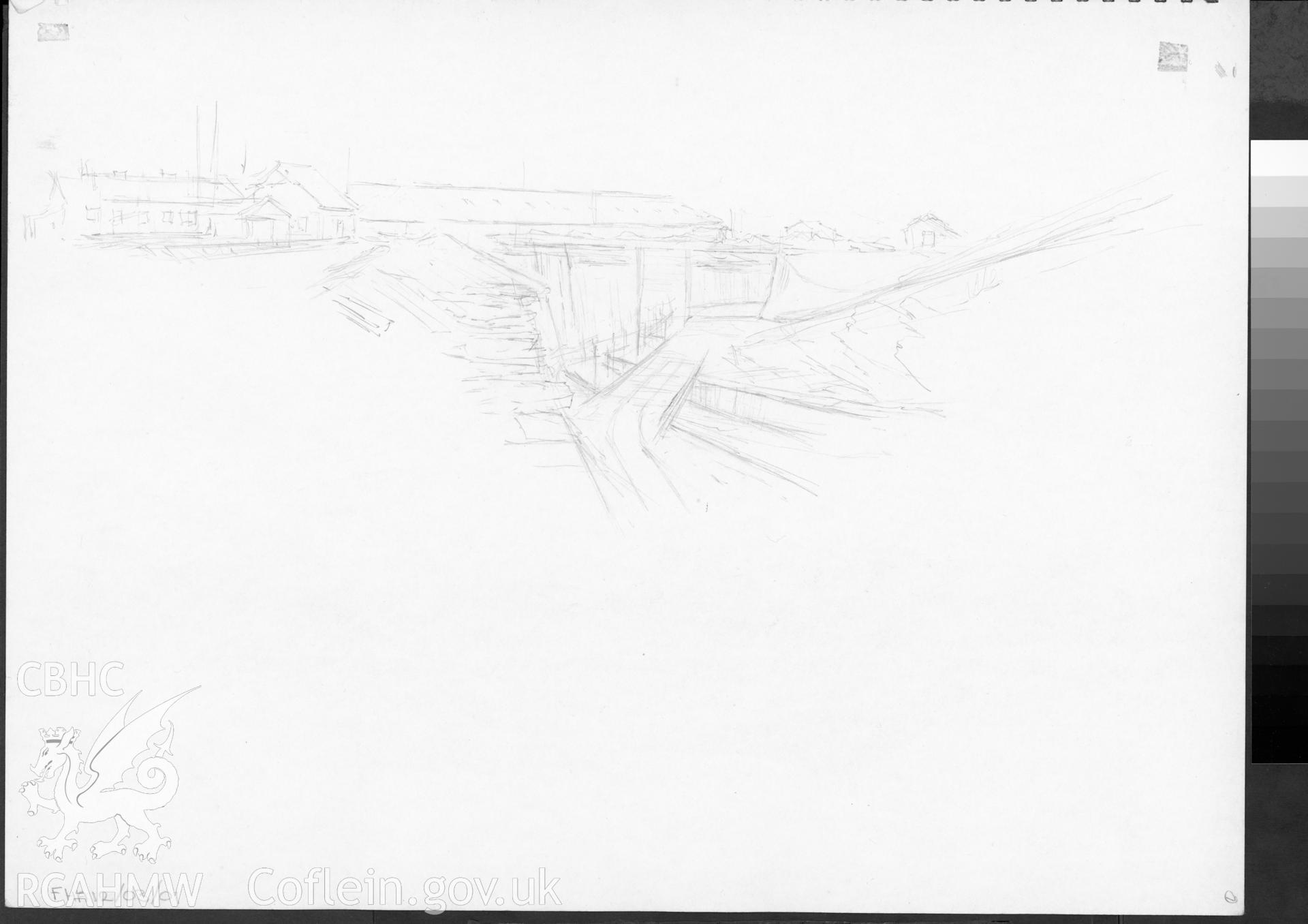 Preliminary pencil sketch showing buildings at Maenofferen, produced by Falcon Hildred, July 1999.