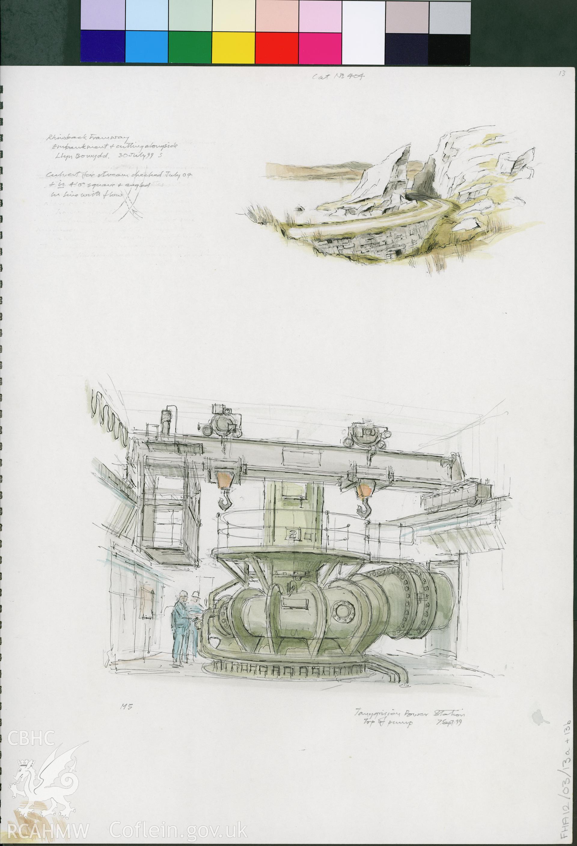Watercolour showing  embankment cutting at Rhiwbach Tramway, dated July 1999; and pump at Trawsfynydd Power Station, produced by Falcon Hildred, September 1999.