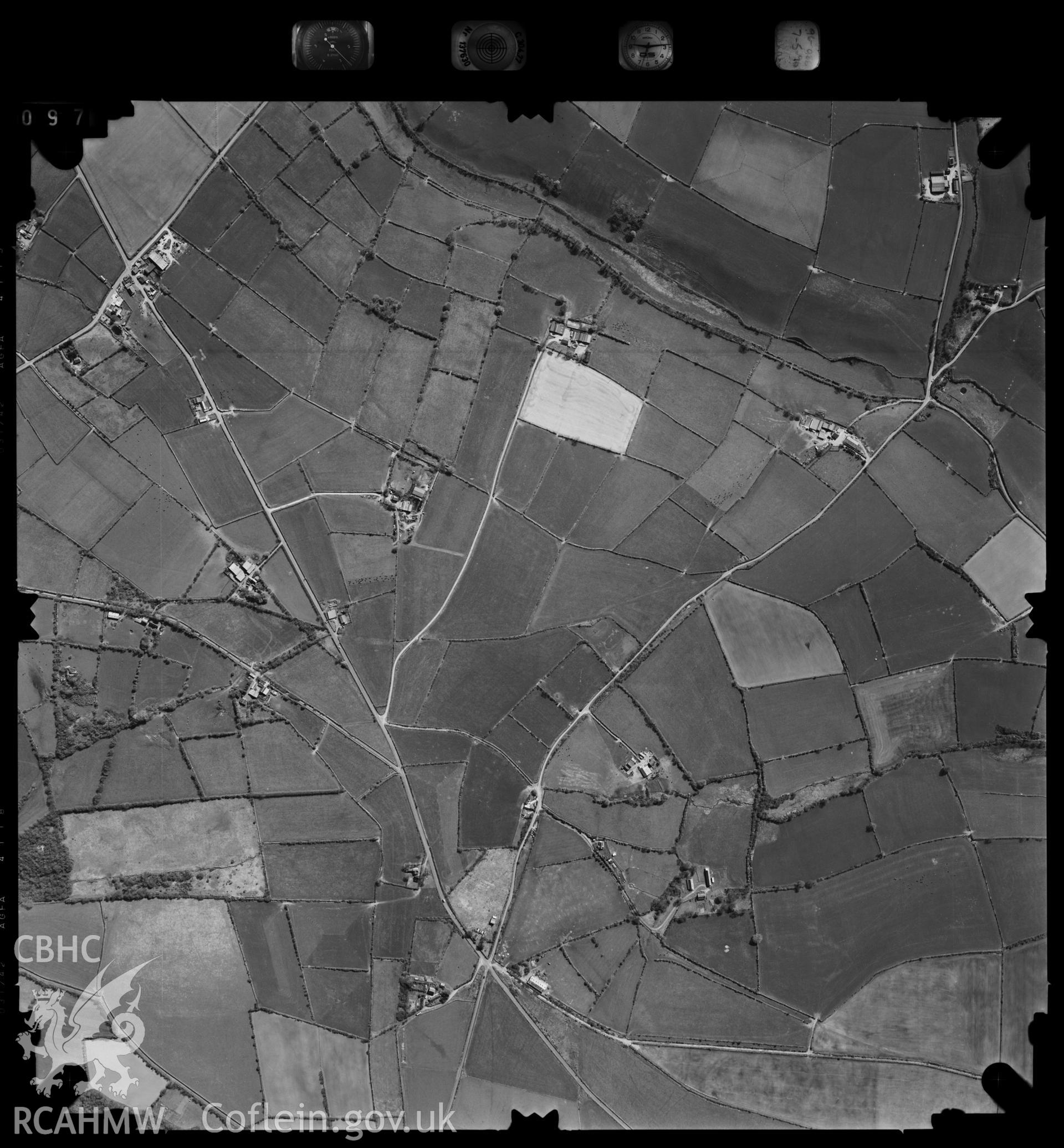 Digitized copy of an aerial photograph showing the area around Clydau, Pembrokeshire, taken by Ordnance Survey, 1996