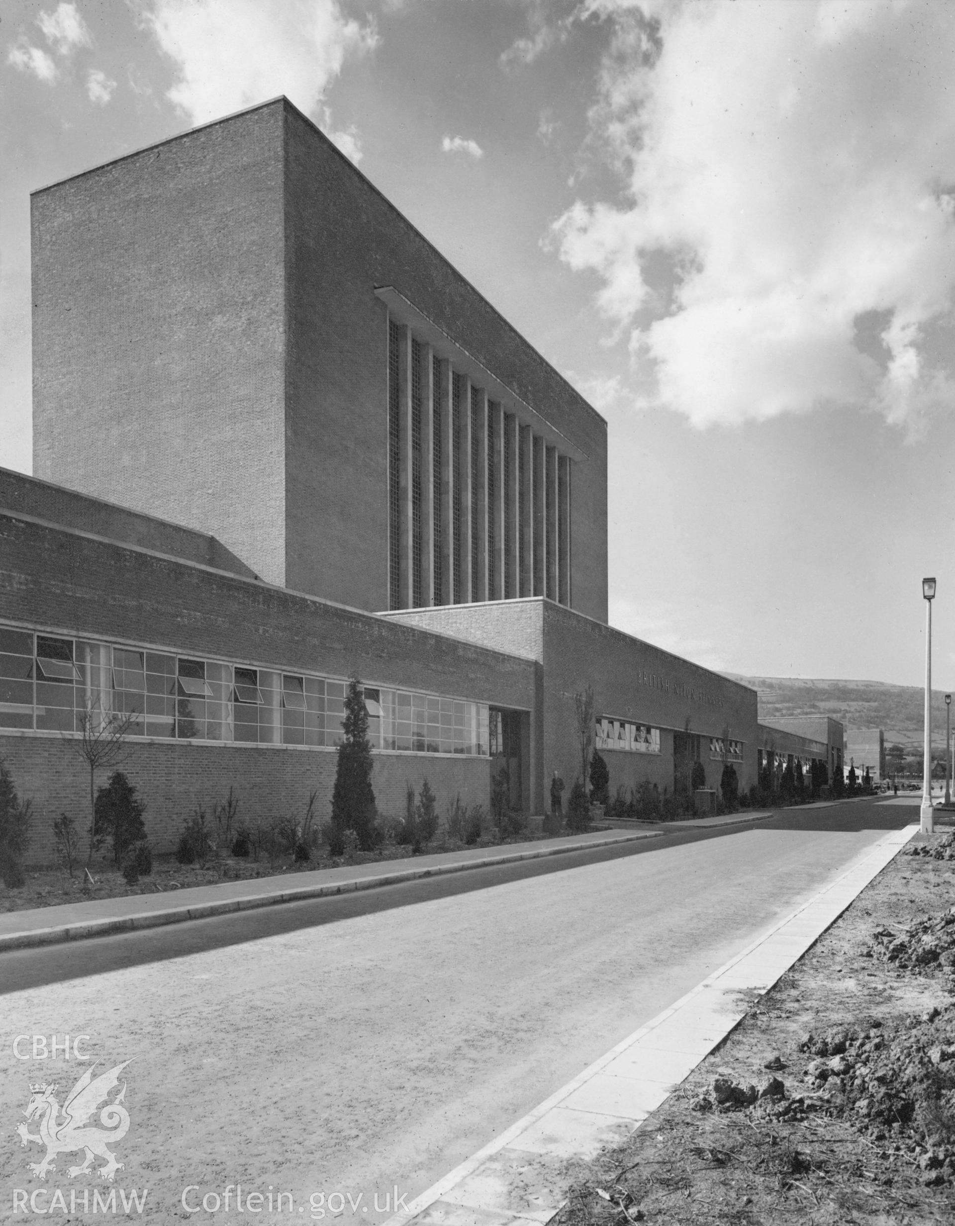 Black and white photograph showing an exterior view of  'British Nylon Spinners, Pontypool (now ICI)'.