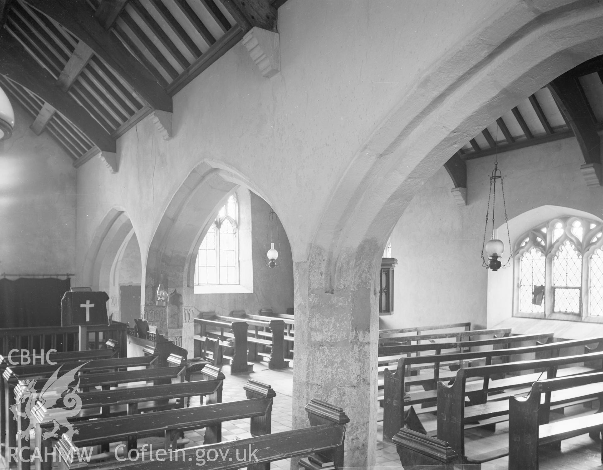 Black and white nitrate negative showing interior view of Llangwnadl Church.