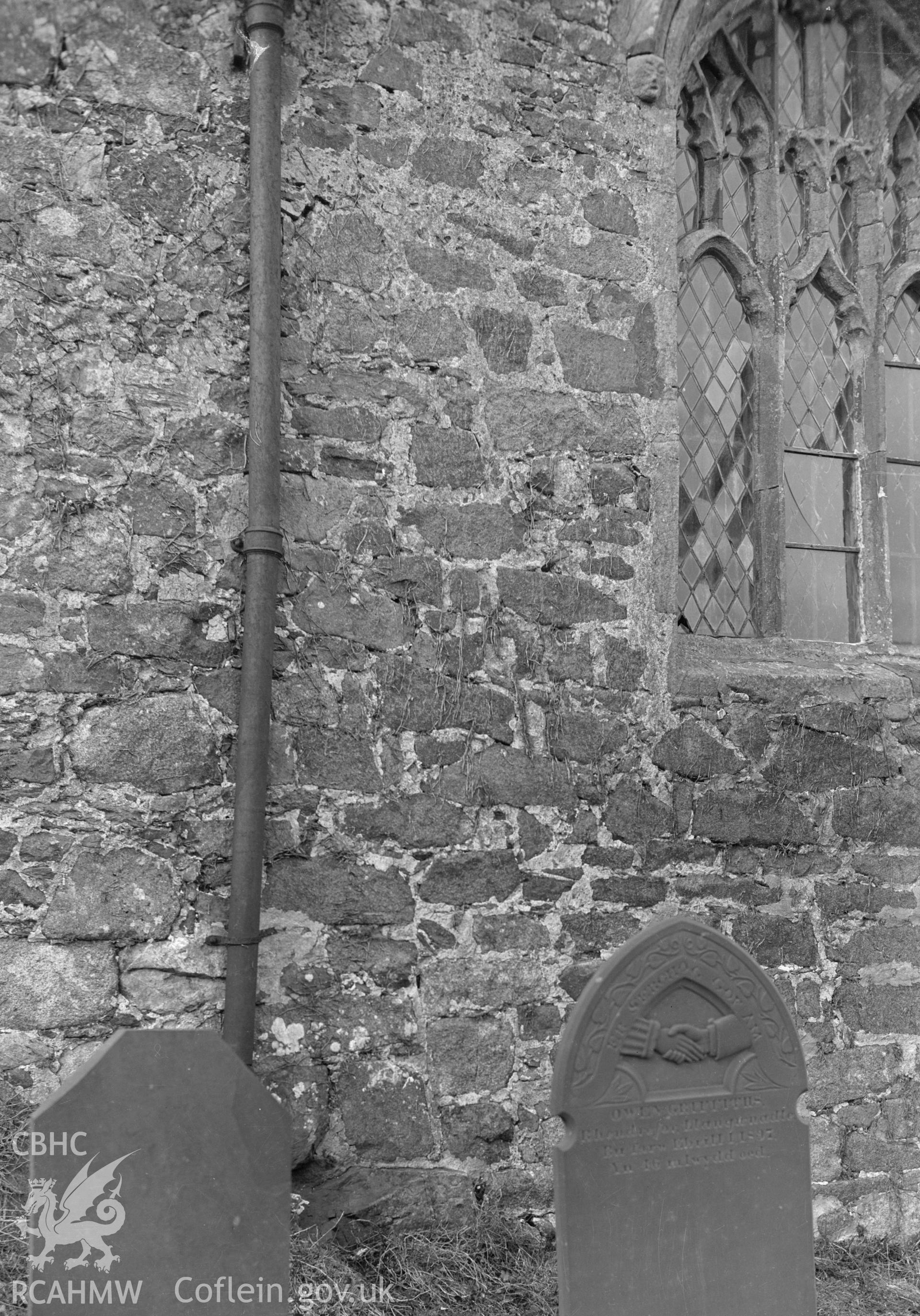 Black and white nitrate negative showing exterior view of Llangwnadl Church.