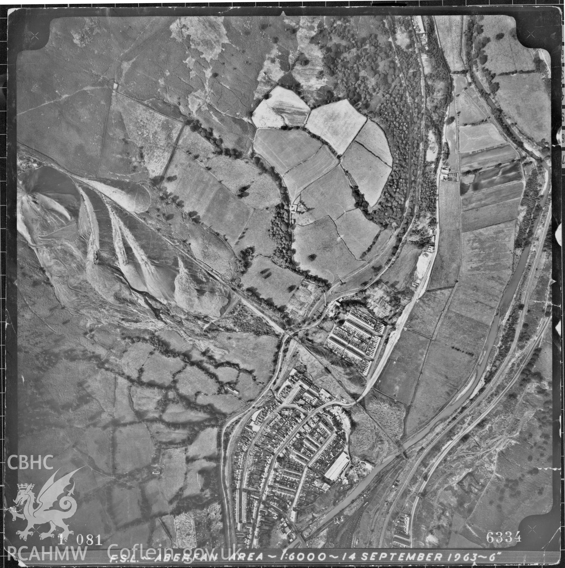 Digitized copy of a black and white aerial photograph showing the Aberfan area, taken by Ordnance Survey, 14th September 1963.