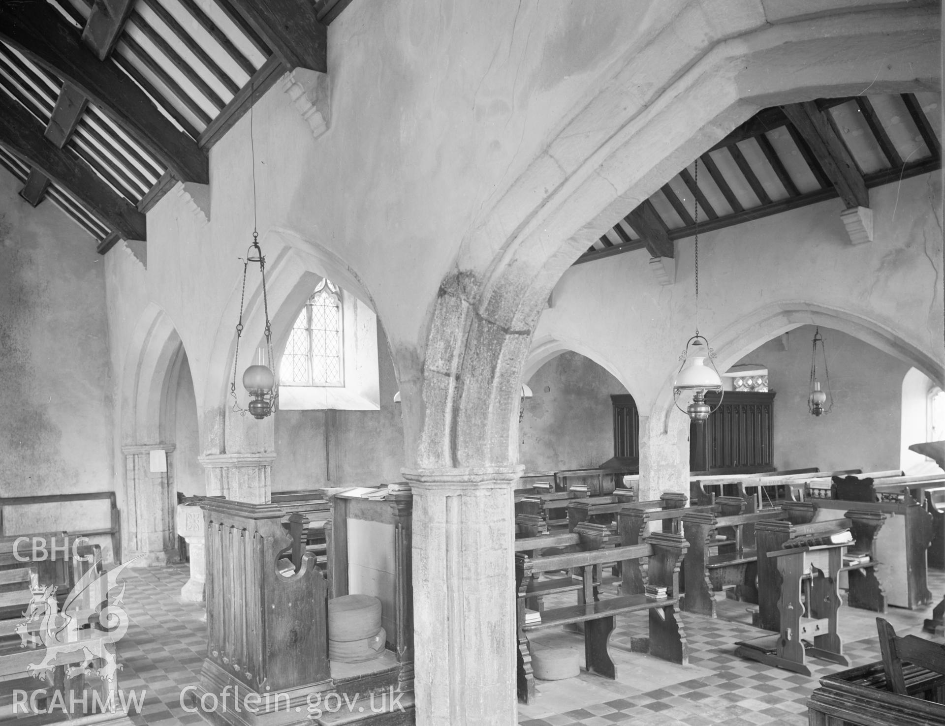 Black and white nitrate negative showing interior view of Llangwnadl Church.