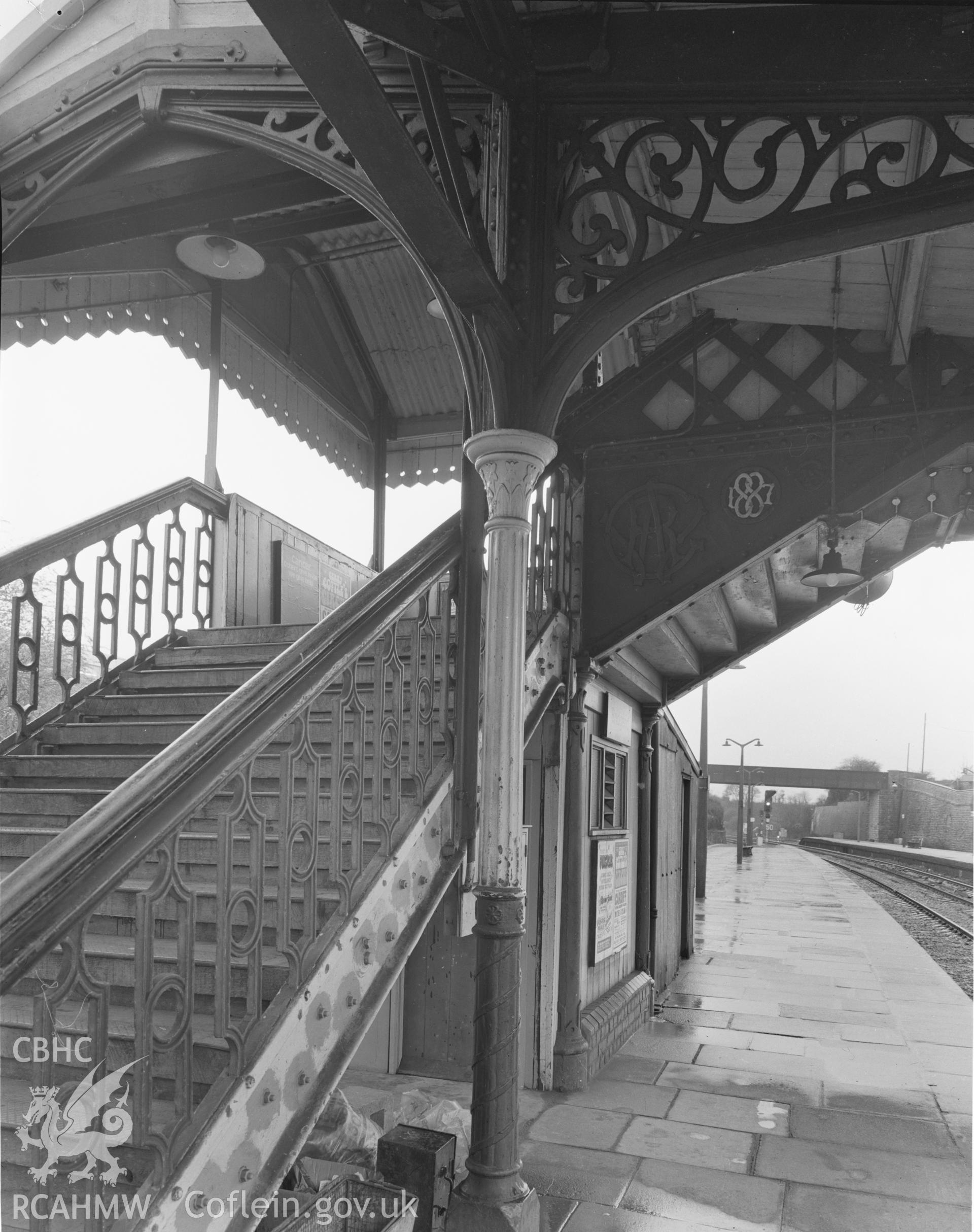 Black and white acetate negative showing Bridgend Railway Station.