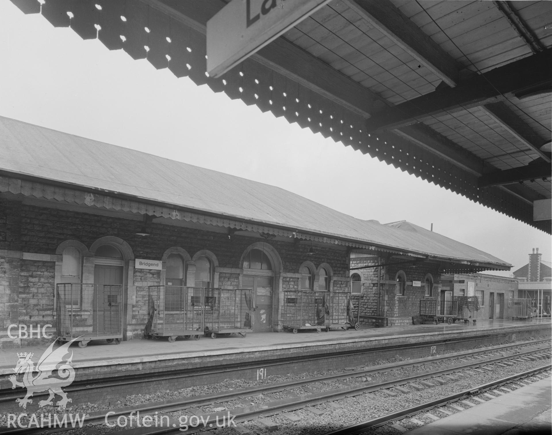 Black and white acetate negative showing Bridgend Railway Station.