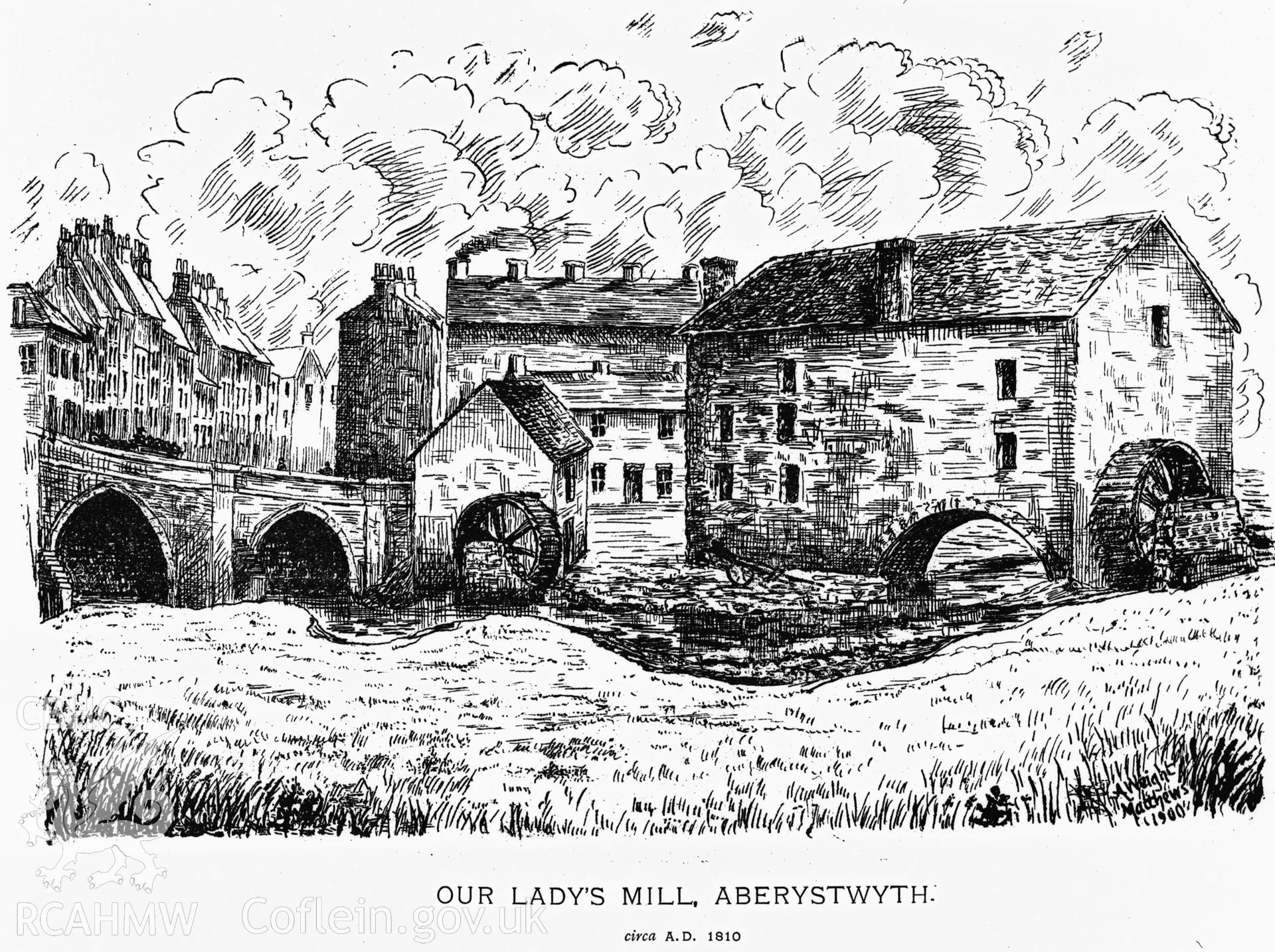 Black and white acetate negative showing an engraving of Our Ladies Mill, Aberystwyth.