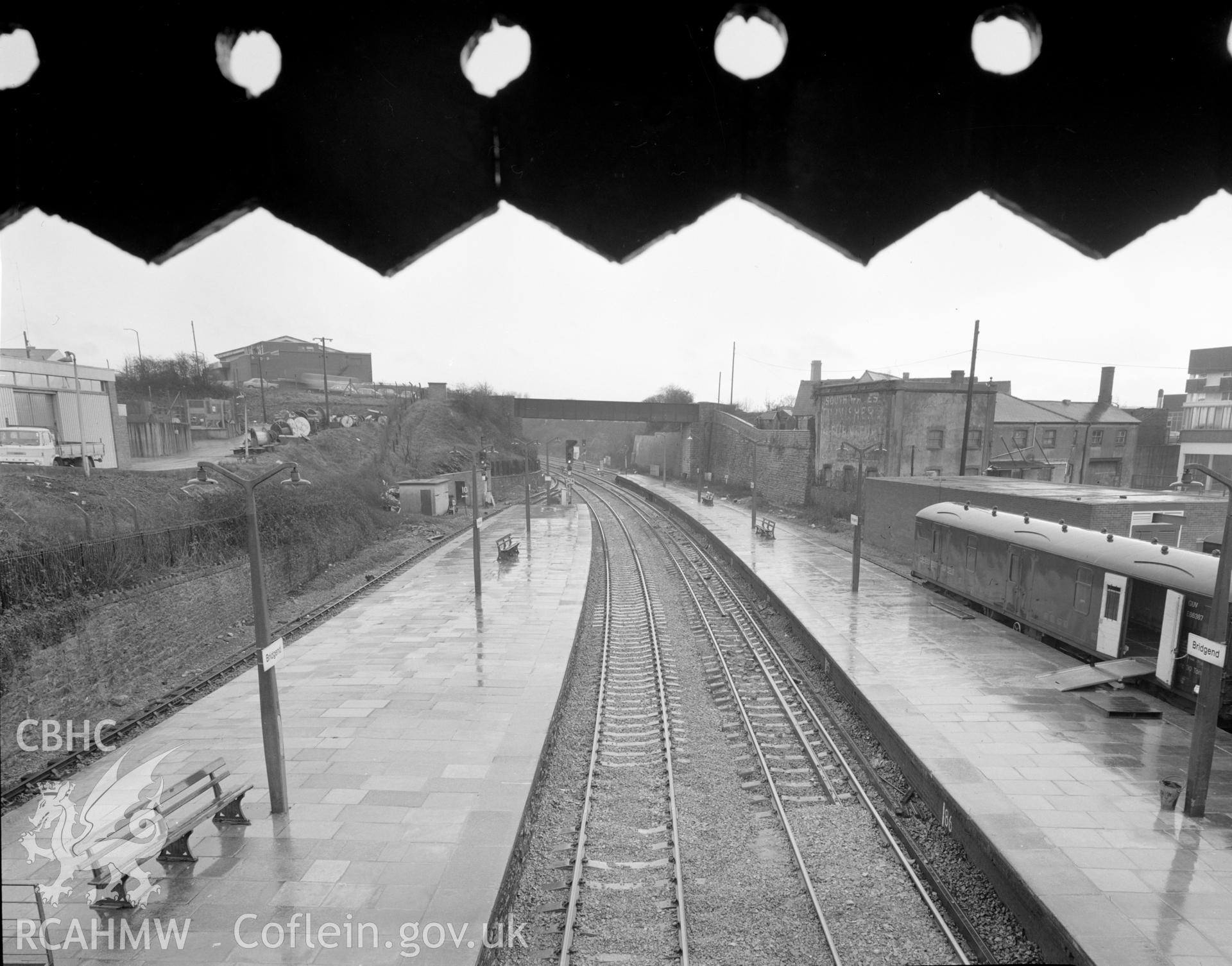 Black and white acetate negative showing Bridgend Railway Station.