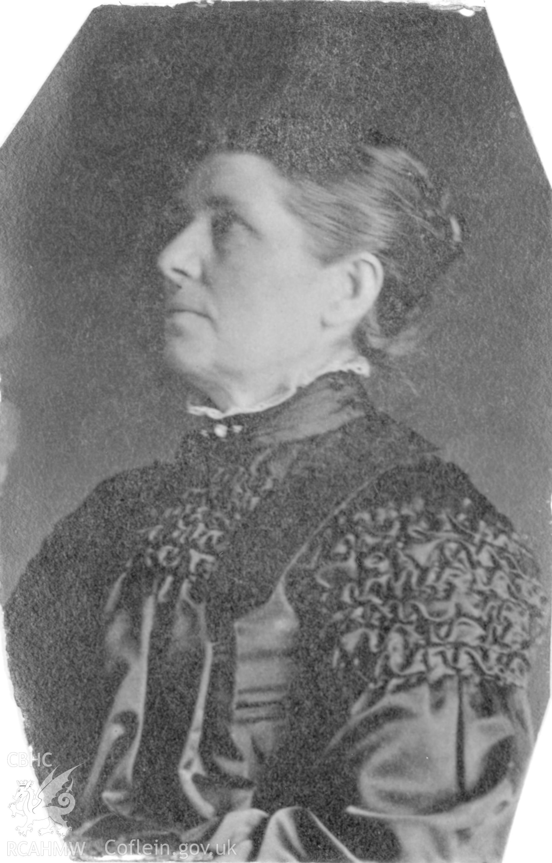 Portrait of an adult female. Digitised from a photograph album showing views of Aberystwyth and District, produced by David John Saer, school teacher of Aberystwyth. Loaned for copying by Dr Alan Chamberlain.
