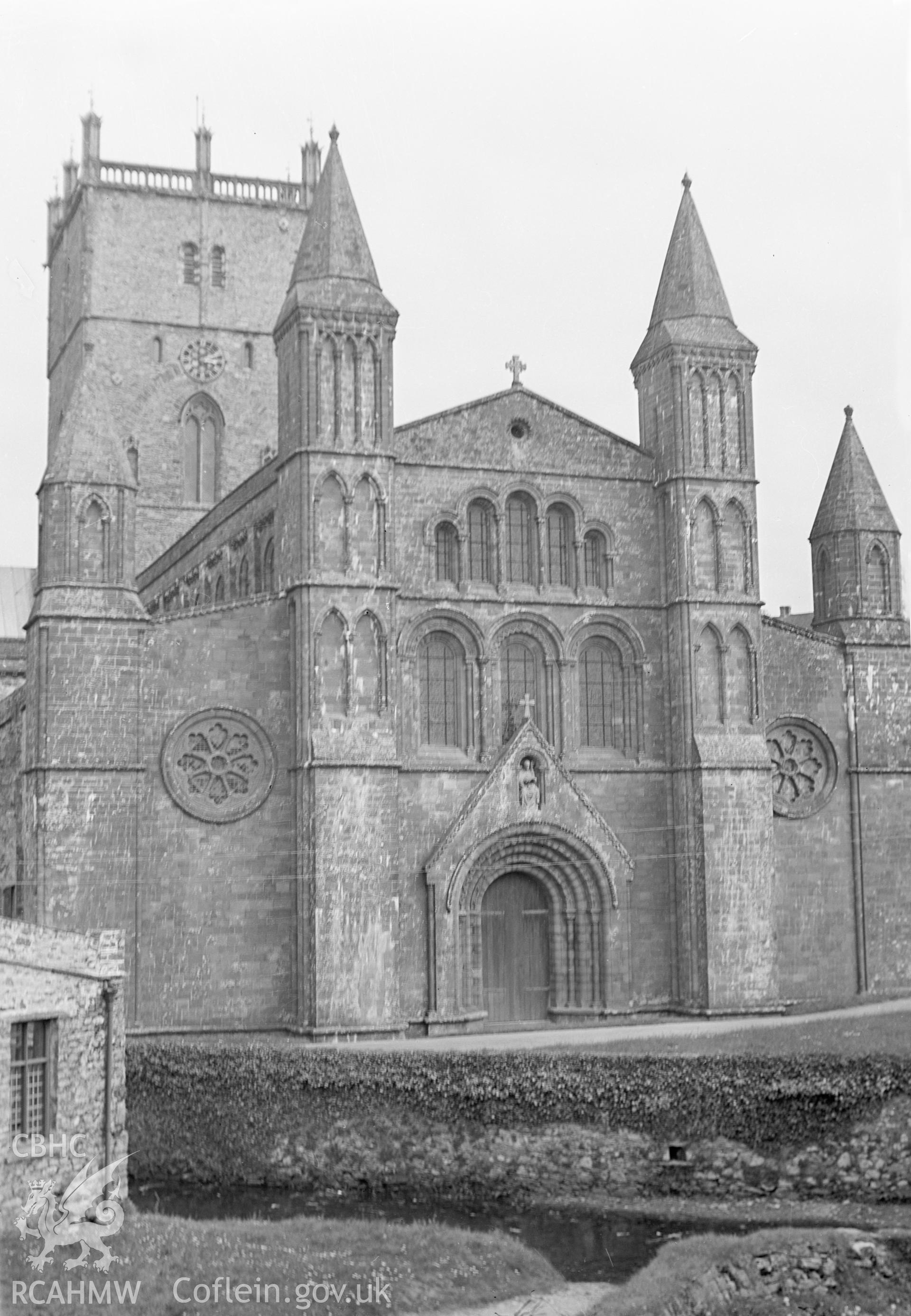 Black and white nitrate negative showing exterior view of St David's Cathedral.