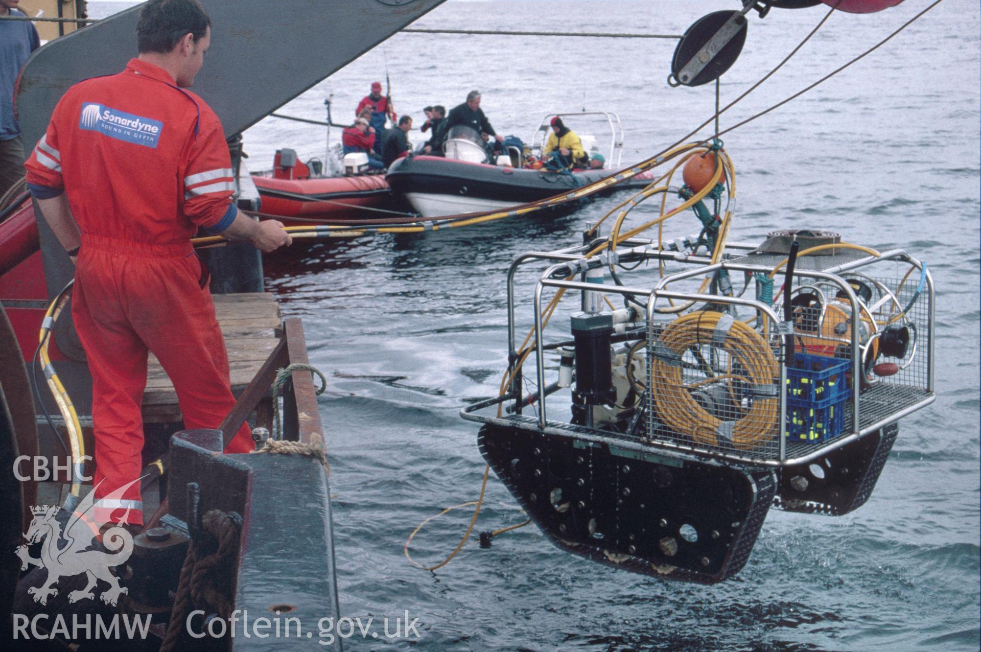 Colour slide. Deployment of Slingsby Crawler ROV with garaged Hydrovision ROV from TERSCHELLING Research Vessel.